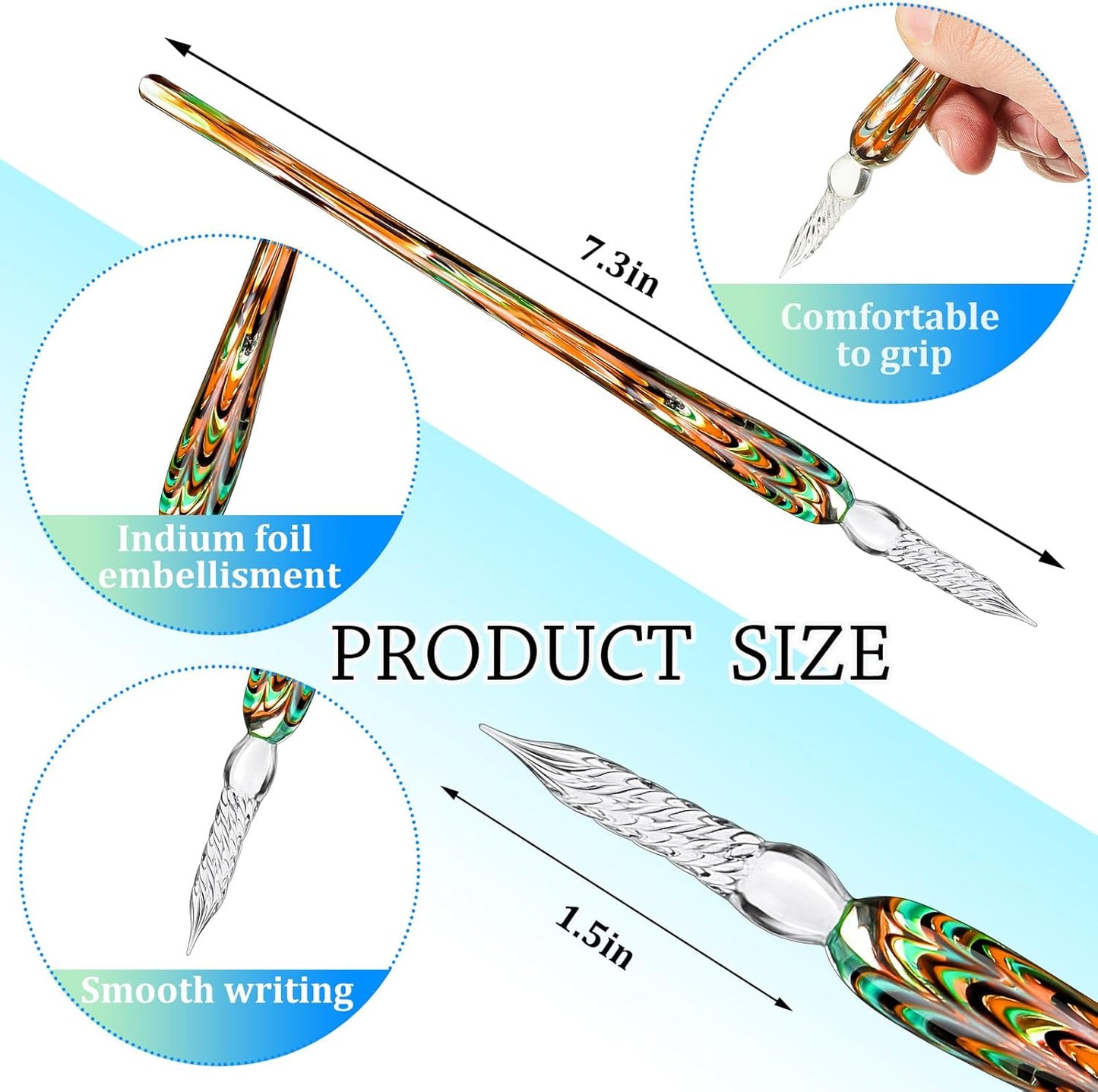 Zonon Glass Dipped Pen Ink Set 14 Pcs Include 6 Pcs Glass Dip Pen, 6 Colorful India Ink and 2 Holder Crystal Signature Calligraphy for Art, Writing, Signatures, Gift(Green Color System)