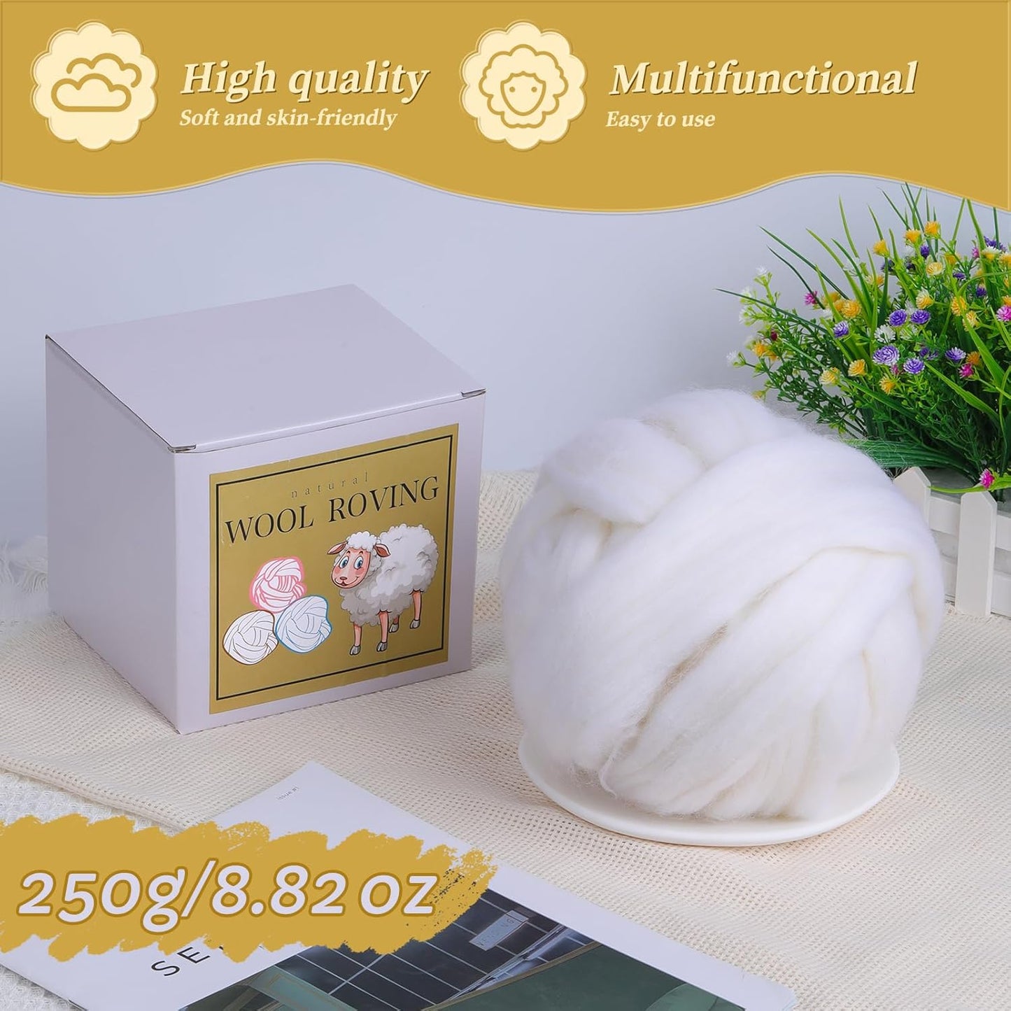 Wool Roving Bulk - 8.82oz/250g Super Wool Chunky Yarn, Wool Roving Top for Needle Felting, Soft Felting Wool Supplies for Hand Spinning, Felting, Blending, Weaving and DIY Craft