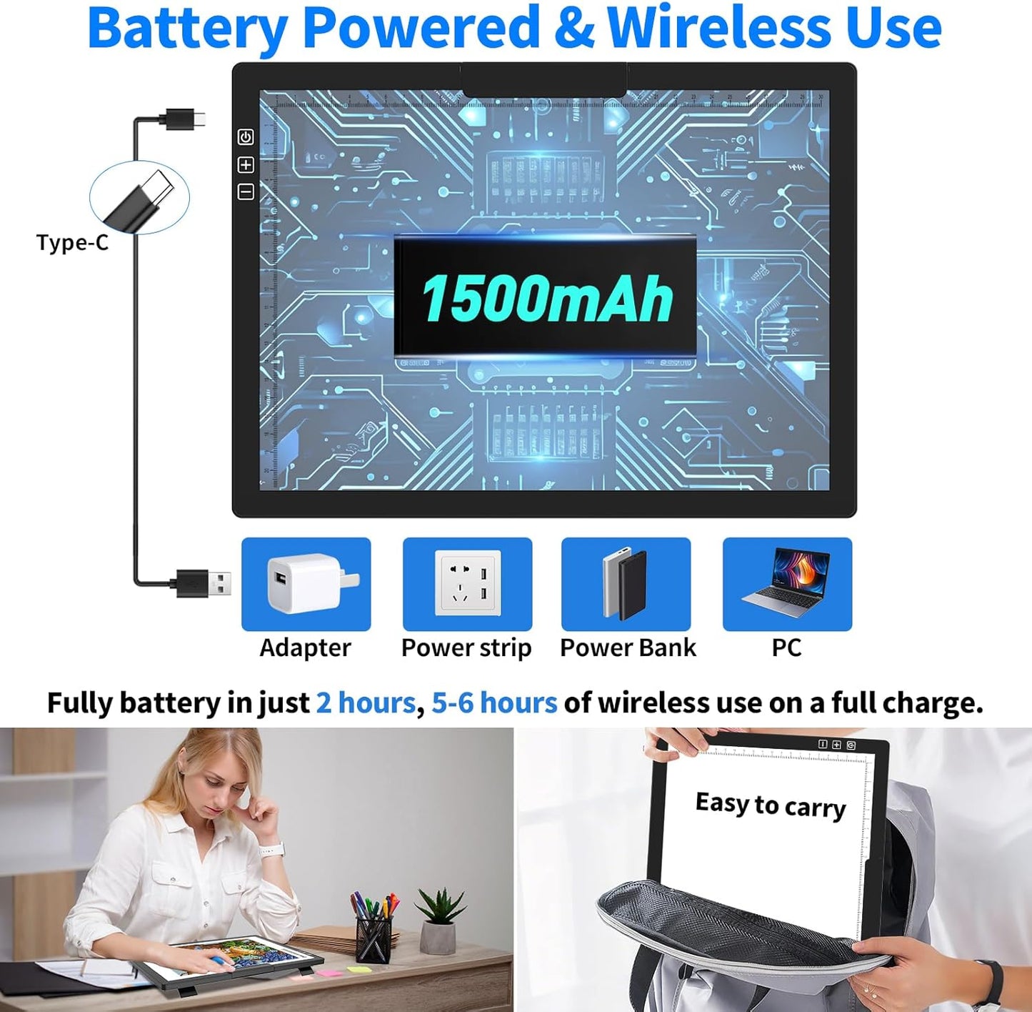 HIUKCOLED Rechargeable A4 Light Pad, Battery Powered Light Board with Top Clip＆Stand, Stepless Dimmable＆6-Level Brightness Adjustable, Wireless LED Tracing Box for Diamond Painting,Drawing,Sketching