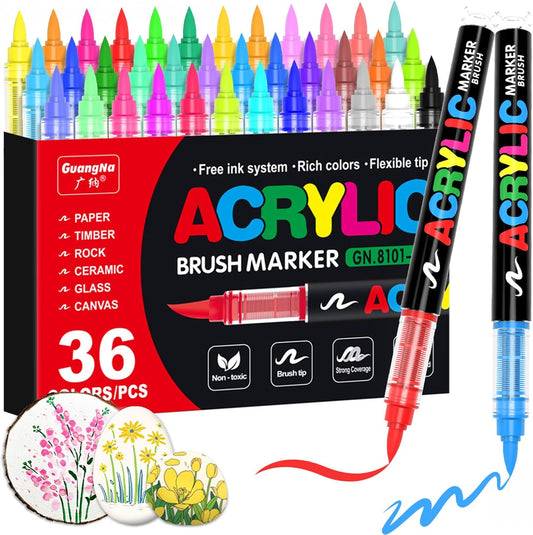 Guangna Acrylic Paint Markers,36 Colors with Direct-Liquid Ink Control System, Professional-Grade Paint Pen for Rock Painting, Canvas, Glass, Plastic, Fabric & Creative Crafts