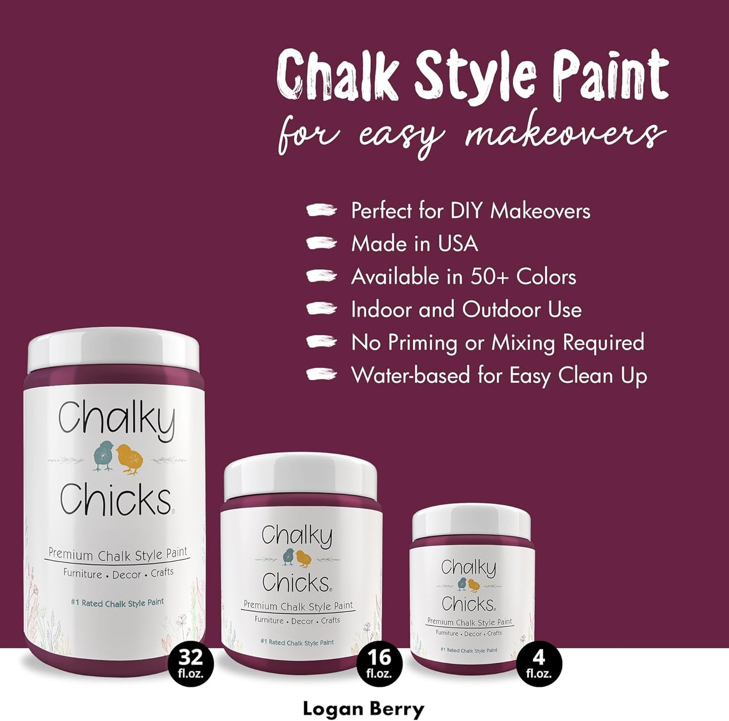 Chalky Chicks All-in-One Chalk Paint for Furniture or Cabinet - 16 Fl Oz - Matte Finish Logan Berry (Plum) for Metal, Wood Furniture Paint - No Sanding All-in-One for Home Decor & Crafts, USA Made