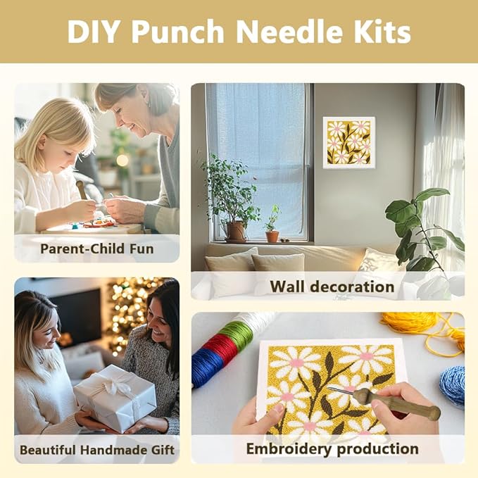Doodlream Daisy Flowers DIY Punch Needle Embroidery Kit for Adult Beginner, 9.4" Floral Punch Stitching Craft Set for Starter with Frame, Fabric Pattern, Threader, Yarn, Pinch Needle