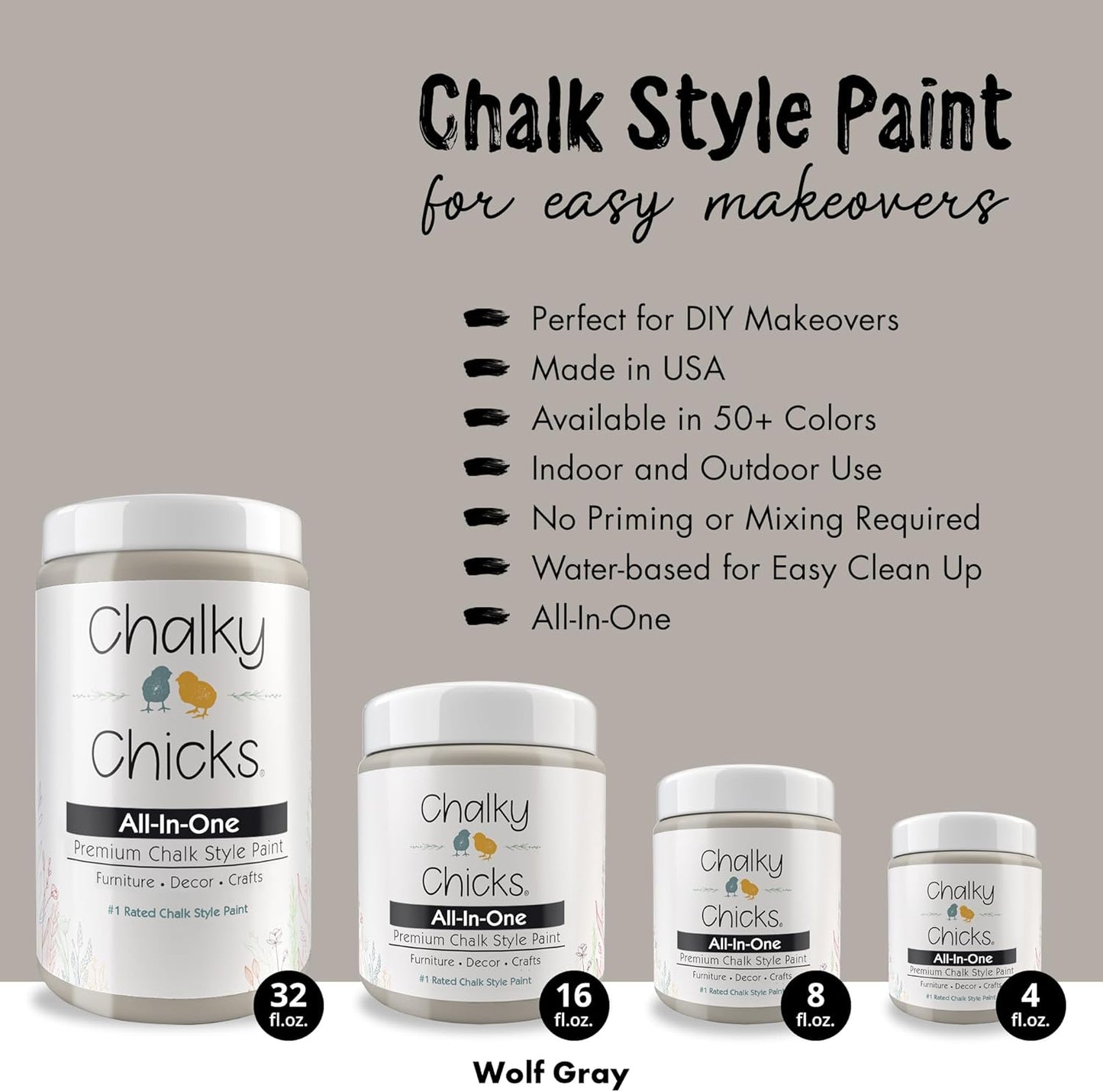 Chalky Chicks All-in-One Chalk Paint for Furniture or Cabinet - 8 Fl Oz - Matte Finish Wolf Gray (Gray/Beige) for Metal, Wood Furniture Paint - No Sanding All-in-One for Home Decor & Crafts, USA Made