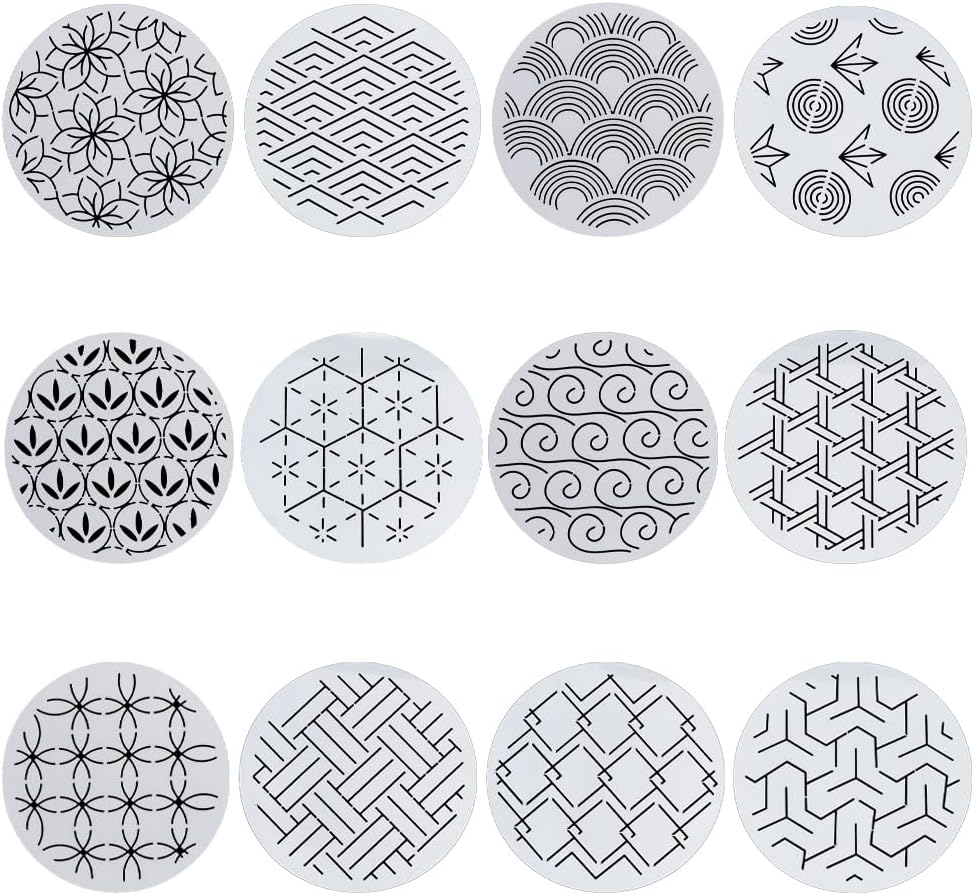 FREEBLOSS 12Pcs Sashiko Stencils Sashiko PET Template Drawing Line Template for Hand Quilting Sashiko Patterns Templates Flexible Embroidery Stencils for Hand Sewing Lovers 5.9 * 5.9''