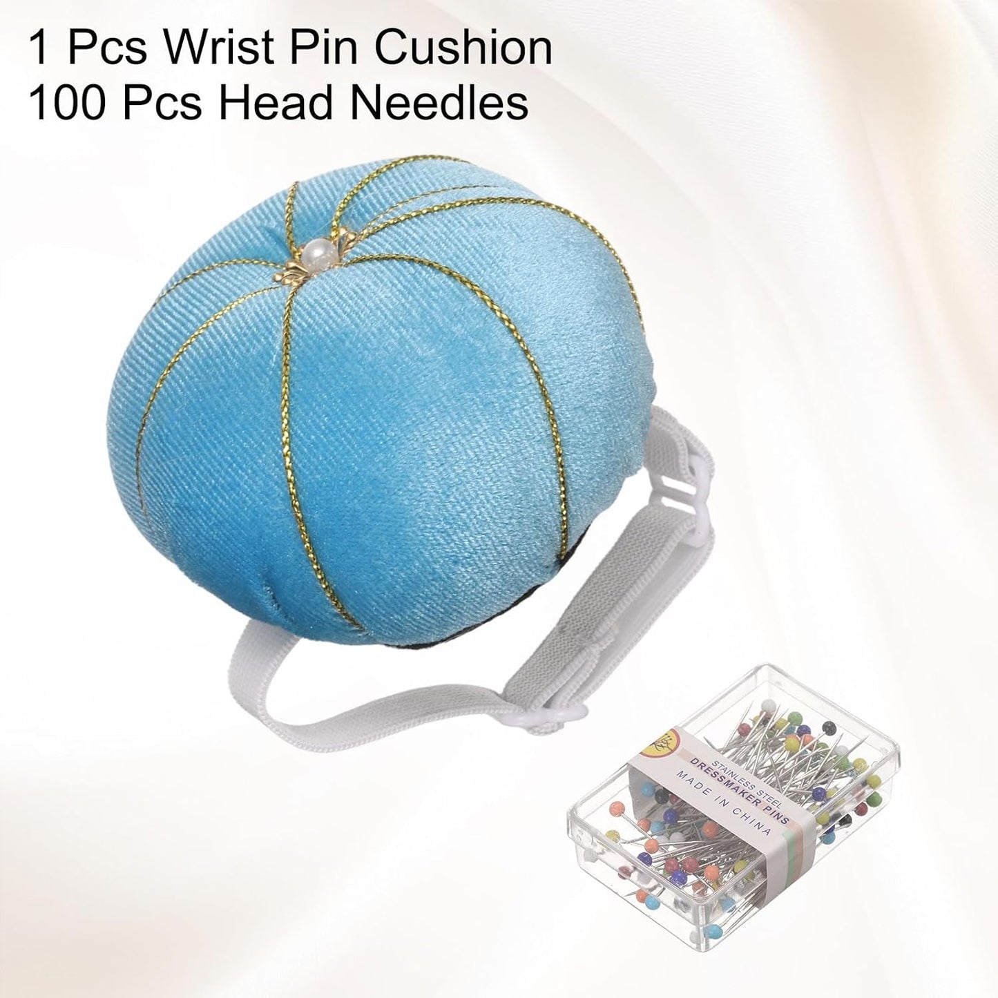 HARFINGTON Wrist Pin Cushion Wristband Sewing Pincushion Polyester Pin Holder Wearable Pumpkin Shaped Needles Wristband with 100 Head Needles for Sewing Quilting DIY Crafts, Light Blue