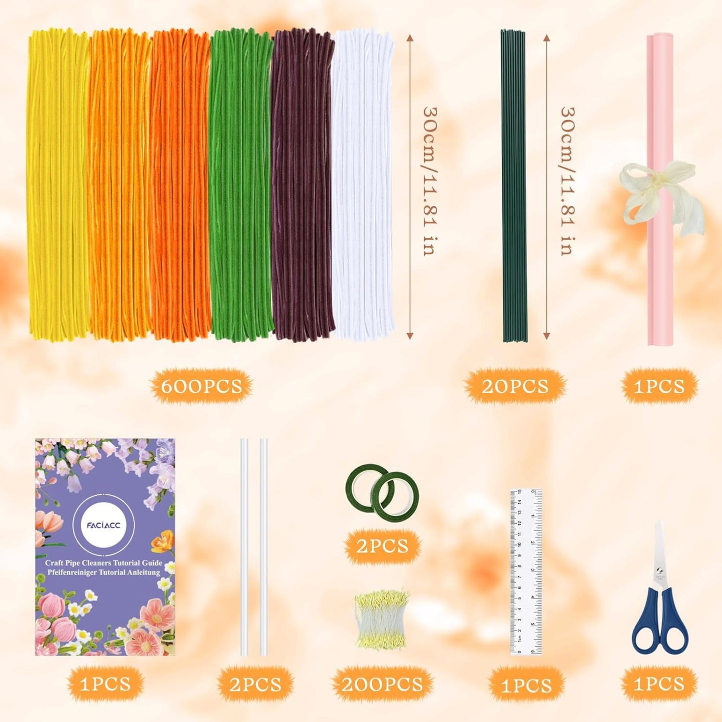 FACIACC 600PCS Pipe Cleaners Craft, 6 Assorted Colors Chenille Stems for DIY Bouquet Christmas Gift Party Decor (Yellow)