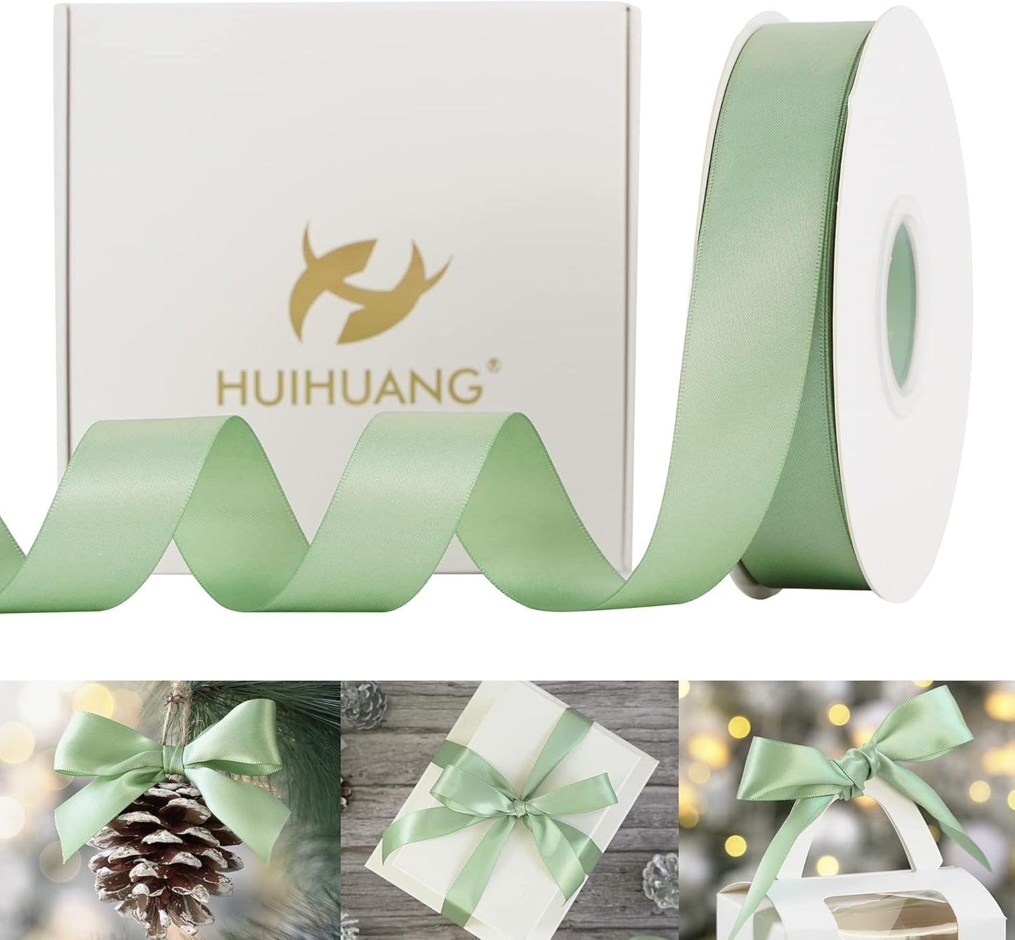 HUIHUANG Sage Satin Ribbon - 1 inch Light Sage Green Double Face Silk Satin Ribbon for Wedding Decor, Crafts, Gift Wrapping, Bows, Bridal, Floral, Bouquet, Invitation Card, Baby Shower, Party