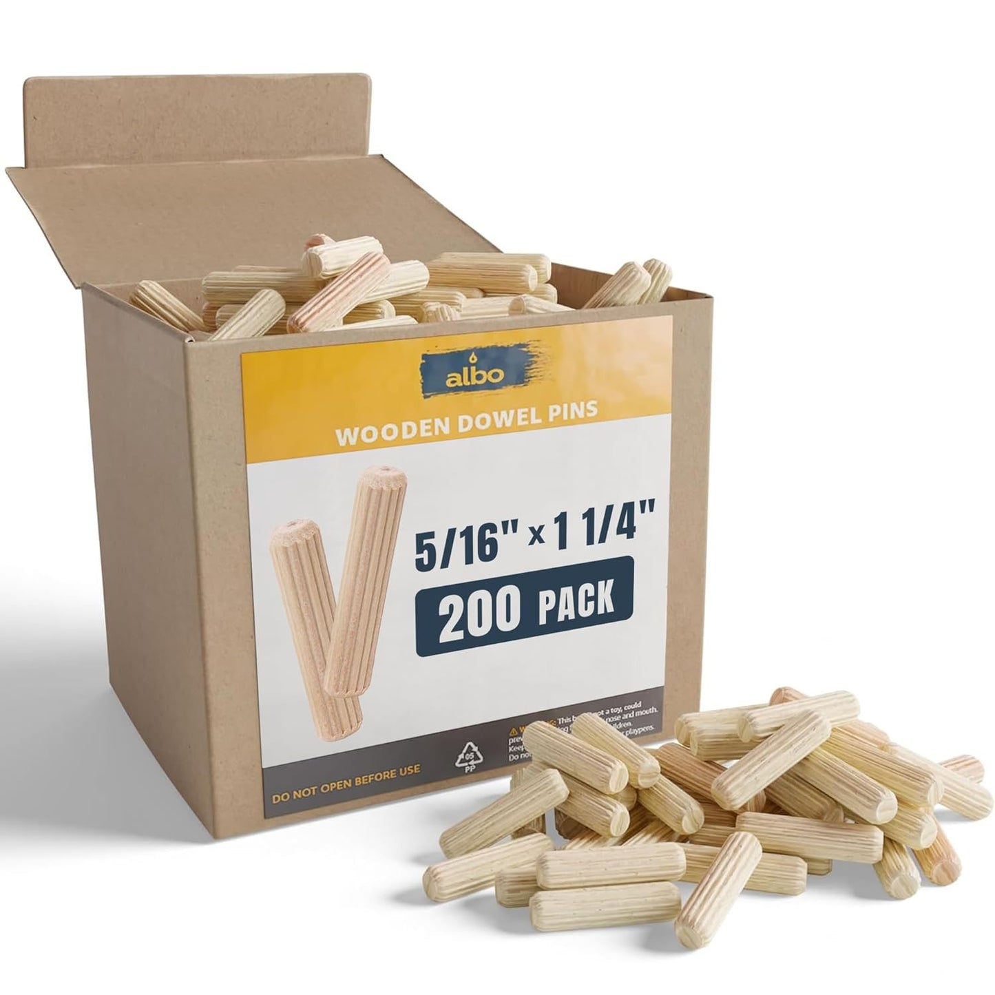 ALBO Wooden Dowel Pins 5/16 x 1 1/4 inch Fluted Wood Dowels Rods 200 Pack Hardwood Crafts Dowel Pegs