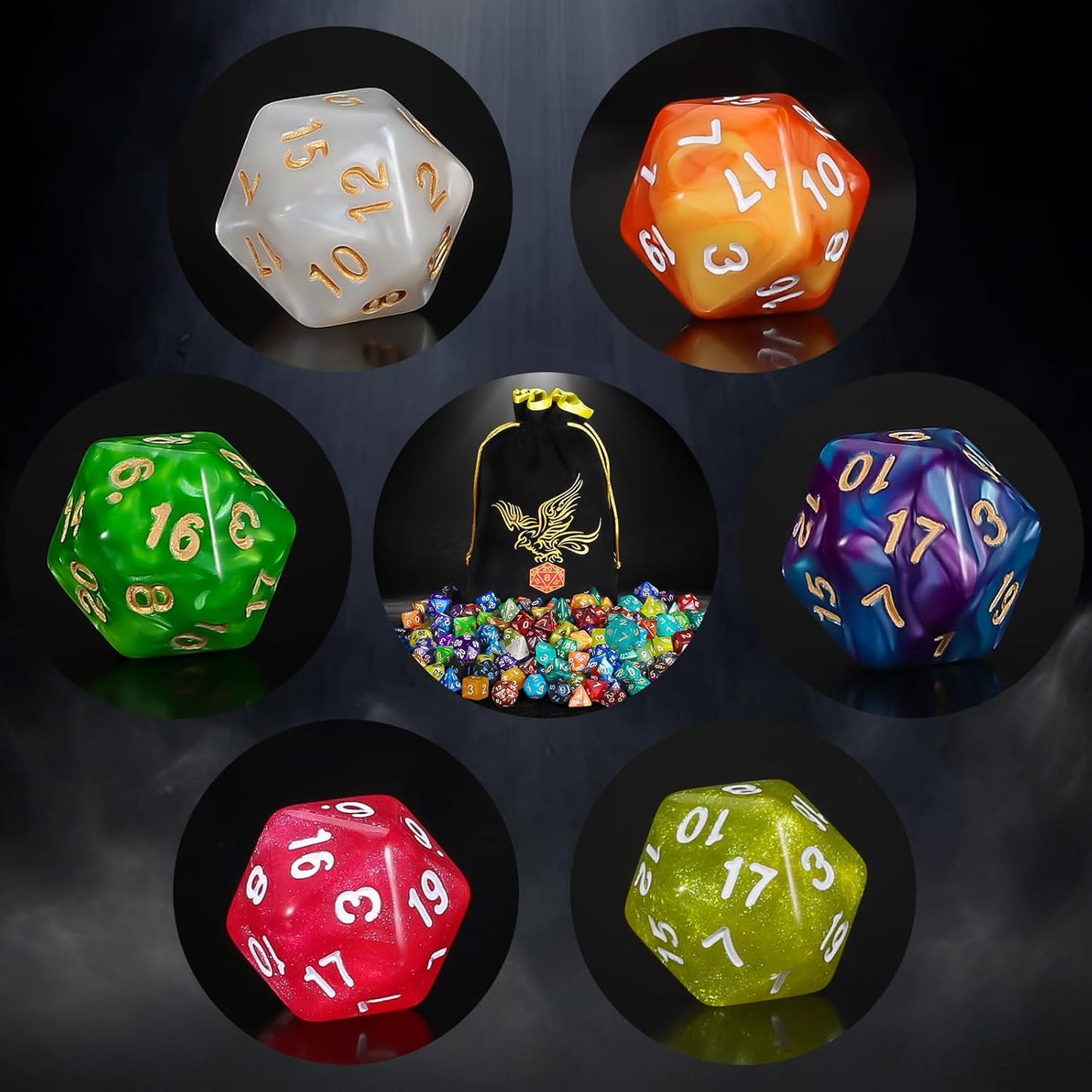 QMay DND Dice Set -25x7 (175pcs) Polyhedral Dice Compatible with Dungeons and Dragons D&D RPG MTG Table Games.25 Sets of 7 dice and a dice Bag