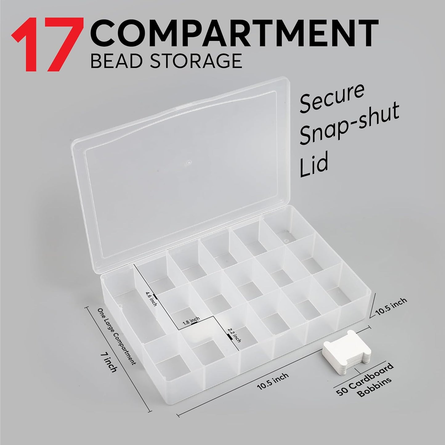 Embroidery Floss Organizer Box with 50 Cardboard Bobbins - 17 Compartments Clear embroidery thread organizer box, Snap-Tight Clear Sewing Organizer - Jewelry Bead Holder (Made in USA)