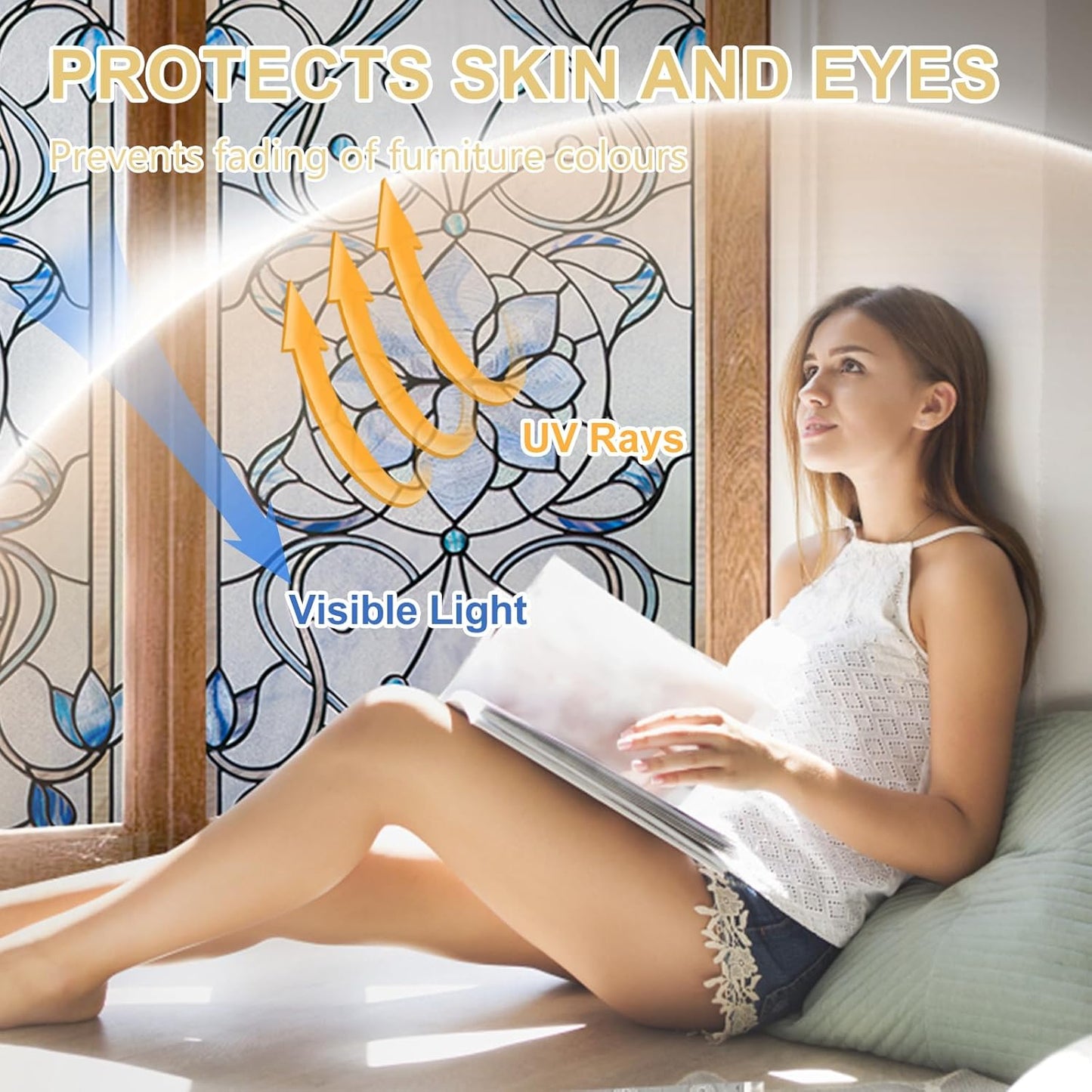 3D Stained Glass Window Privacy Film, Heat Control UV Blocking Static Cling Decorative Window Film for Bathroom,Front Door,Home Non Adhesive,35.4 x 78.7 inches Azure Bloom