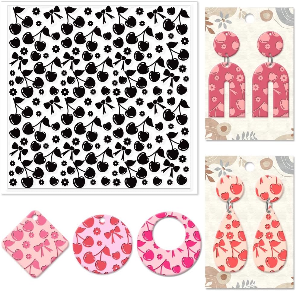 CHGCRAFT Cherry Polymer Clay Texture Sheets Flowers Bow Silicone Texture Stamp Clay Modeling Pattern Pad Texture Sheets for Polymer Clay Making Earrings Jewelry