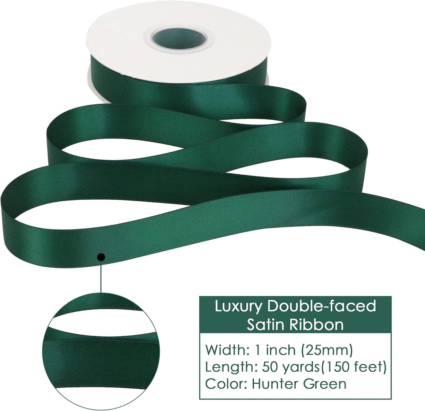 HUIHUANG Hunter Green Ribbon Green Satin Ribbon 1 inch x 50 Yards Double Face Satin Ribbons for Christmas Tree Decor Gift Wrapping Crafts Bows Floral Bouquet Cake Box Wedding Invitation Card