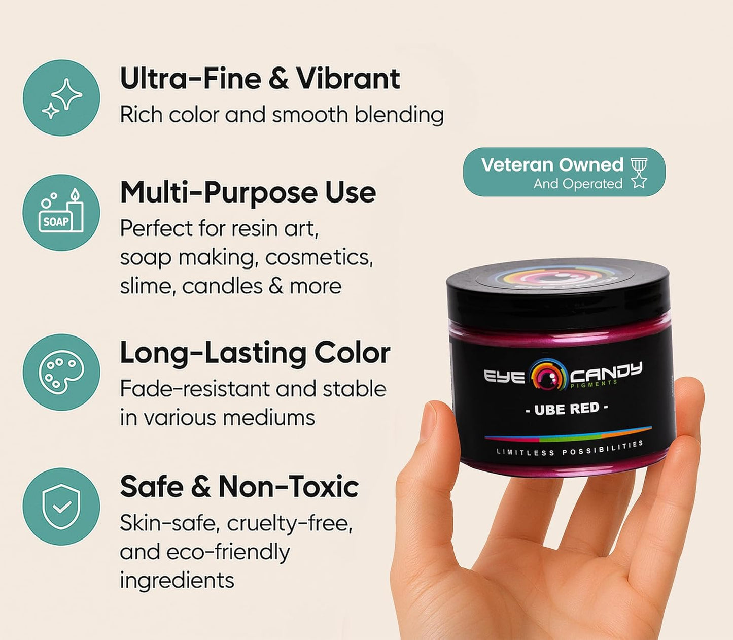 Eye Candy Pigments Premium Red Mica Powder - Ube Red (50gr) - for Epoxy, Resin, Soap, Paint, Woodworking, Acrylic Pouring, Bath Bombs, Fishing Lures - DIY Arts and Crafts Additive