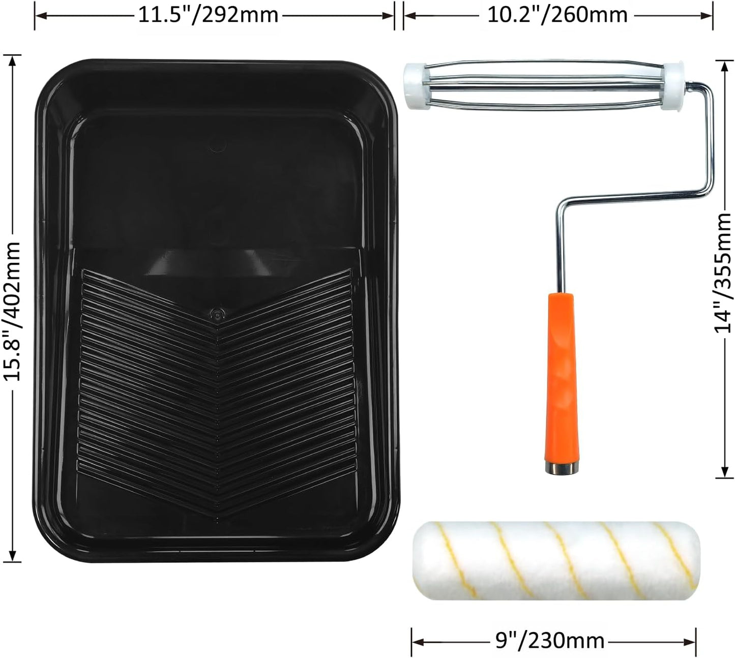 Great Andrew 9 Inch Paint Tray Set, 15-Pack, Plastic Paint Tray with 12 Textured Tray Liners, Paint Roller Liners Kit with Roller and Wire Roller Frame for Painting Walls, Ceilings, Trim, Siding