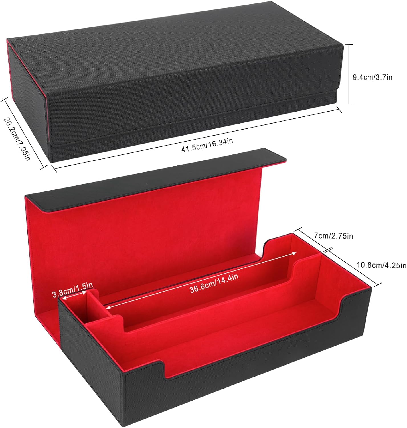 Card Deck Box,X-Large Premium Trading Card Storage Case with Mat and Dice Compartment,Magnetic Game Deck Display Case Compatible with MTG/TCG/Yugioh/Magic/Commander(Black＆Red)