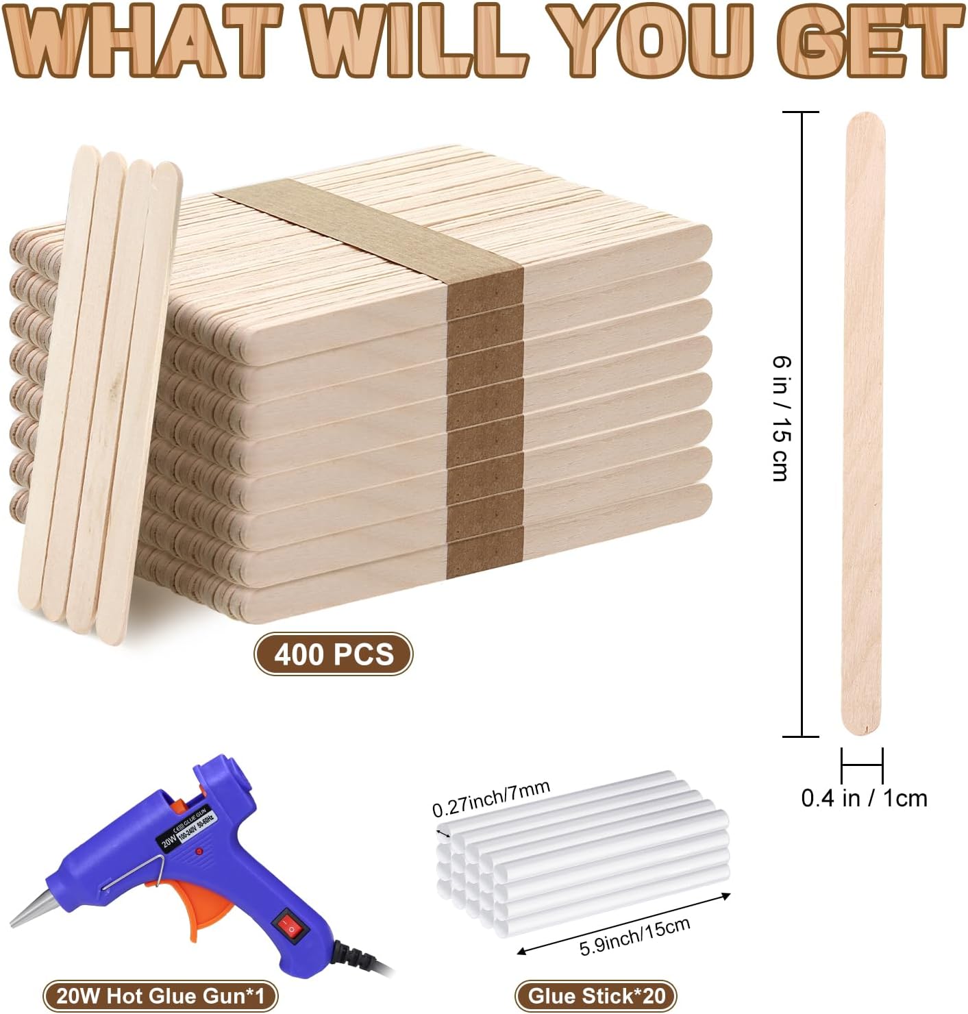 400PCS Wooden Craft Sticks Kits, 6 inch Natural Wood Popsicle Sticks with Hot Glue Gun and Sticks for Ice Pops Waxing Hair Removal and Wax Supplies Classroom DIY Craft Project Tongue Depressor