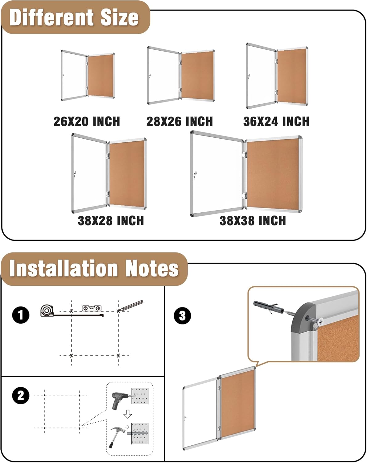 26"x20" Enclosed Bulletin Board, Lockable Weather-Resistant Aluminum Cork Noticeboard for School & Office, Silver Frame w/Cork