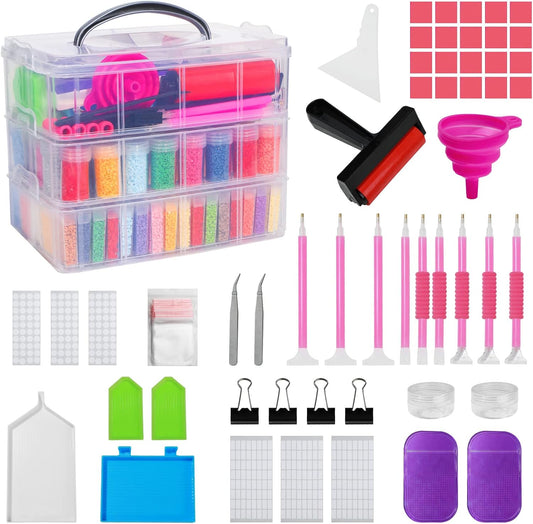 Douorgan 3-Tier Diamond Painting Storage Containers Diamonds Organizers and Storage Stackable Diamond Painting Tools Box Portable Diamond Beads Storage Box, 80+40 Slots with Tool Set