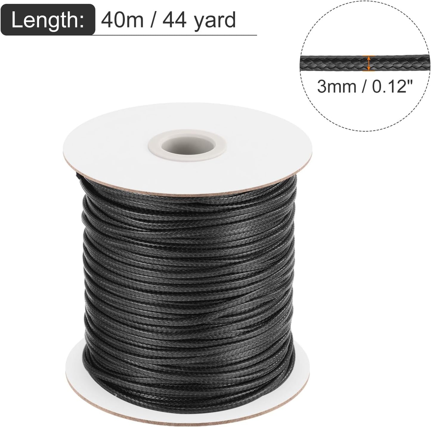 MECCANIXITY Waxed Cord 3mm Waxed Polyester Cord 44 Yard Wax String for Bracelet Making, Necklaces, Beading, Jewelry Making and DIY Crafts(Black)