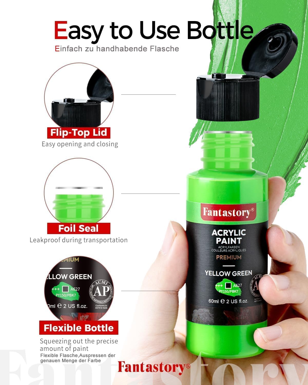 Fantastory Acrylic Paint Set 36 Classic Colors(2oz /60ml) with 12 Brushes, Professional Craft Thick Paints Kits for Adults, Canvas Wood Fabric Ceramic Rock Painting Supplies [Professional Series]