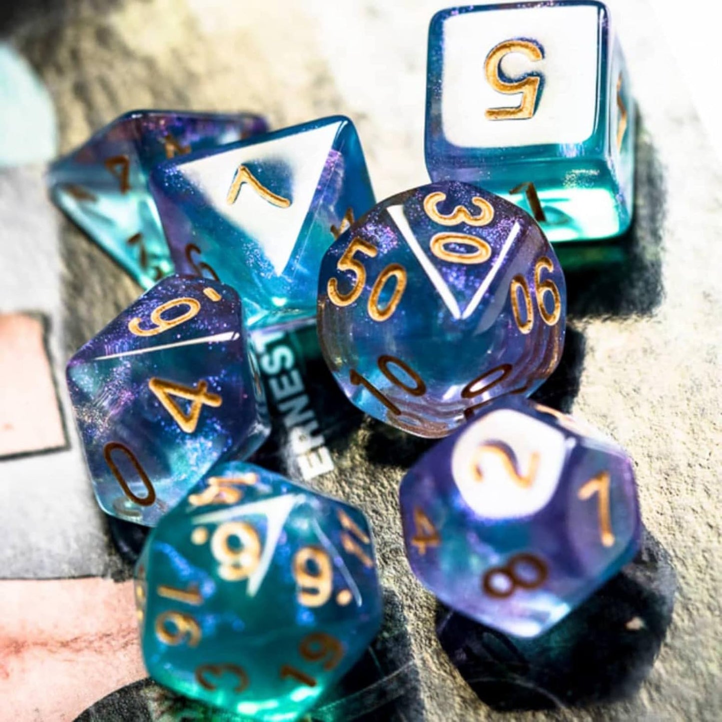 7-Die DND Dice Set Polyhedral Dice Set with a Leather Dice Bag, D&D Dice Set for Dungeons and Dragons, RPG Table Games (Purple Cyan/Glitter)