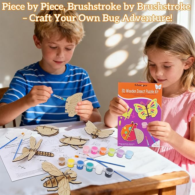 Glintoper Wooden Insect Crafts Painting Kit for Kids Boys Girls, 5 Piece Set DIY 3D Insect Puzzle with Brushes & Paint Decorate Your Own Painting Gift for Christmas Easter Birthday Party Favors