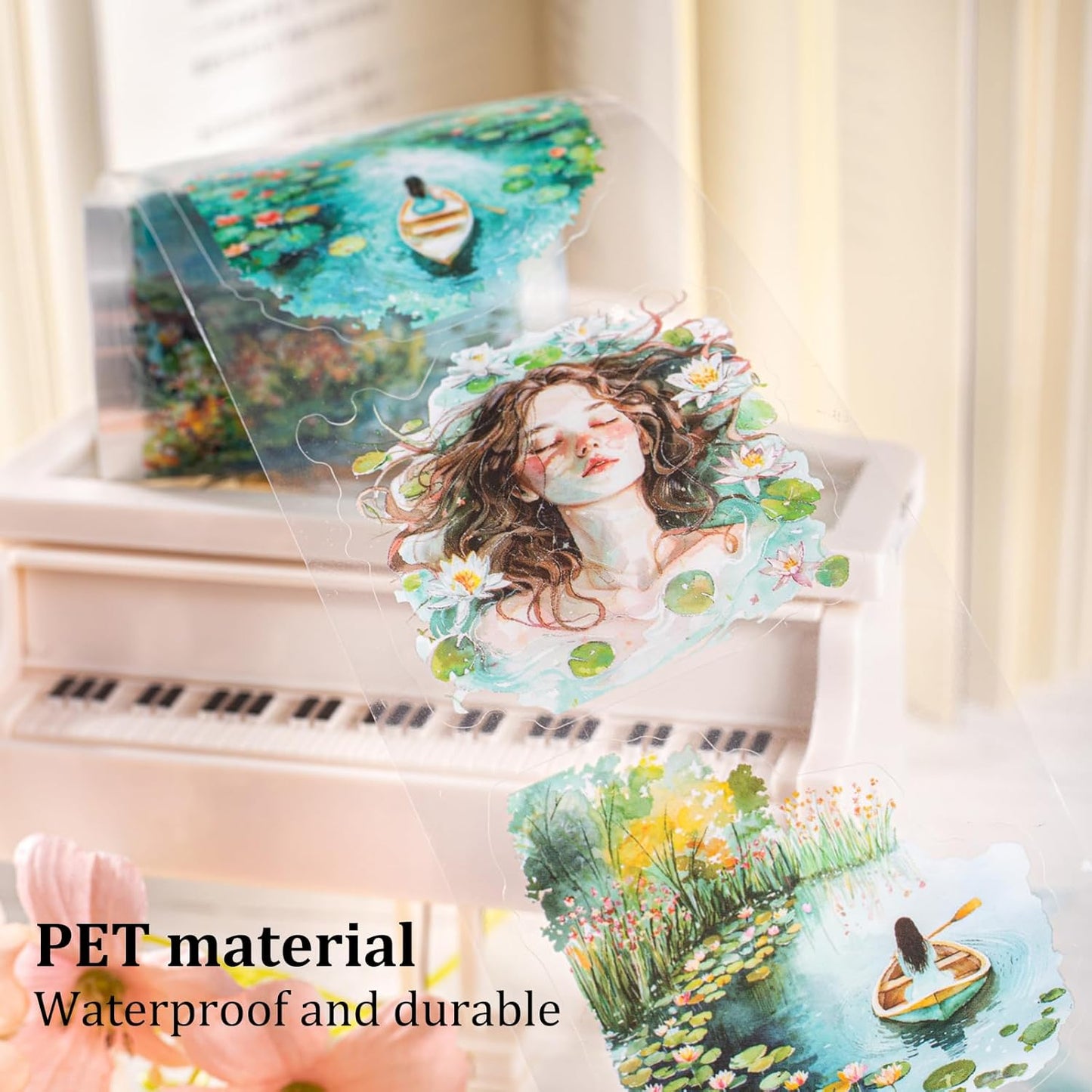 Dreamy Floral PET Tape Set with Clip, 6 Rolls Pre-Cut Vintage Tape for Journaling, Scrapbooking, DIY Crafts, and Planners