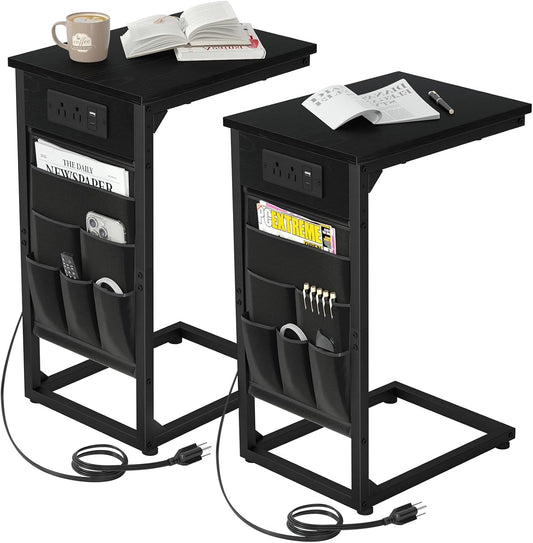 AMHANCIBLE C Shaped End Table with Charging Station, TV Tray Set of 2, Couch Tables with Storage Bag, Slide Under Sofa Side Table with USB Ports and Outlets for Living Room, Black, HET04CBK