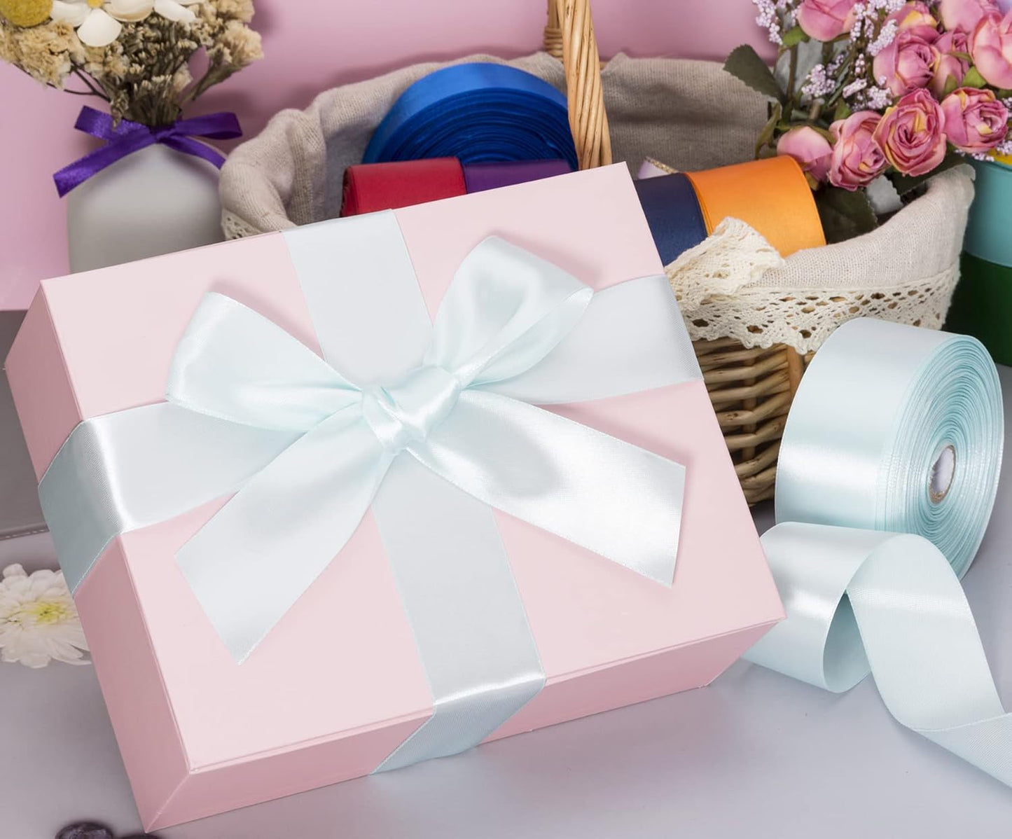 1 1/2 Inch Light Blue Solid Satin Ribbon, 50 Yards Craft Fabric Ribbon for Gift Wrapping Floral Bouquets Wedding Party Decoration