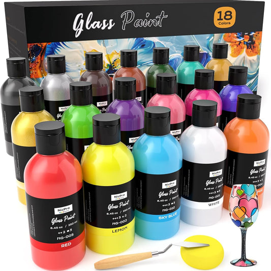 Nicpro 18 Colors Acrylic Glass Paint Set (8.45 oz, 250 ml) Large Bulk Enamel & Ceramic Painting Supplies Kit for Wine Bottle Glass Jars Windows with Sponge & Art Knife, Opaque Gloss Finish