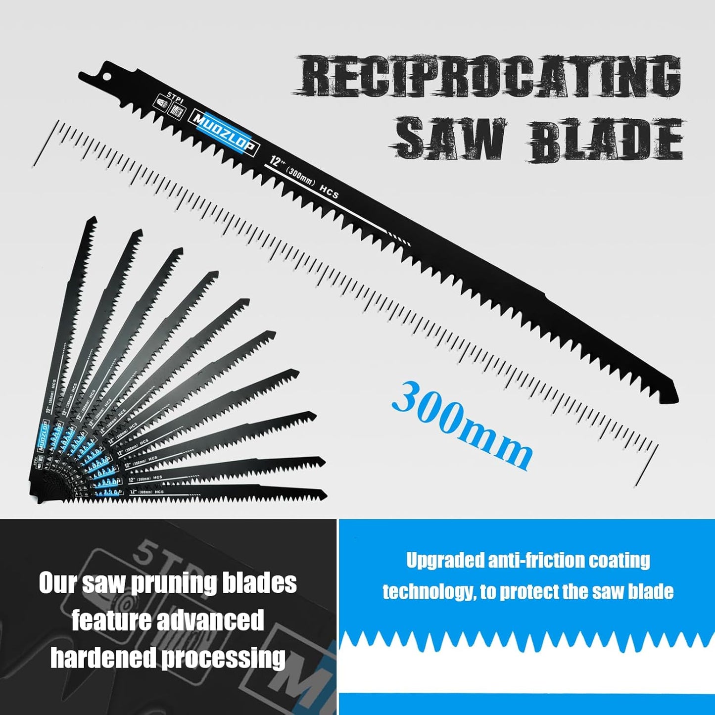 10 Pack 12 inch Reciprocating Saw Blades Set,5 TPI High Carbon Saw Blades,Woodcutting Saw Blades with Organizer Case (10, 5TPI/300mm)