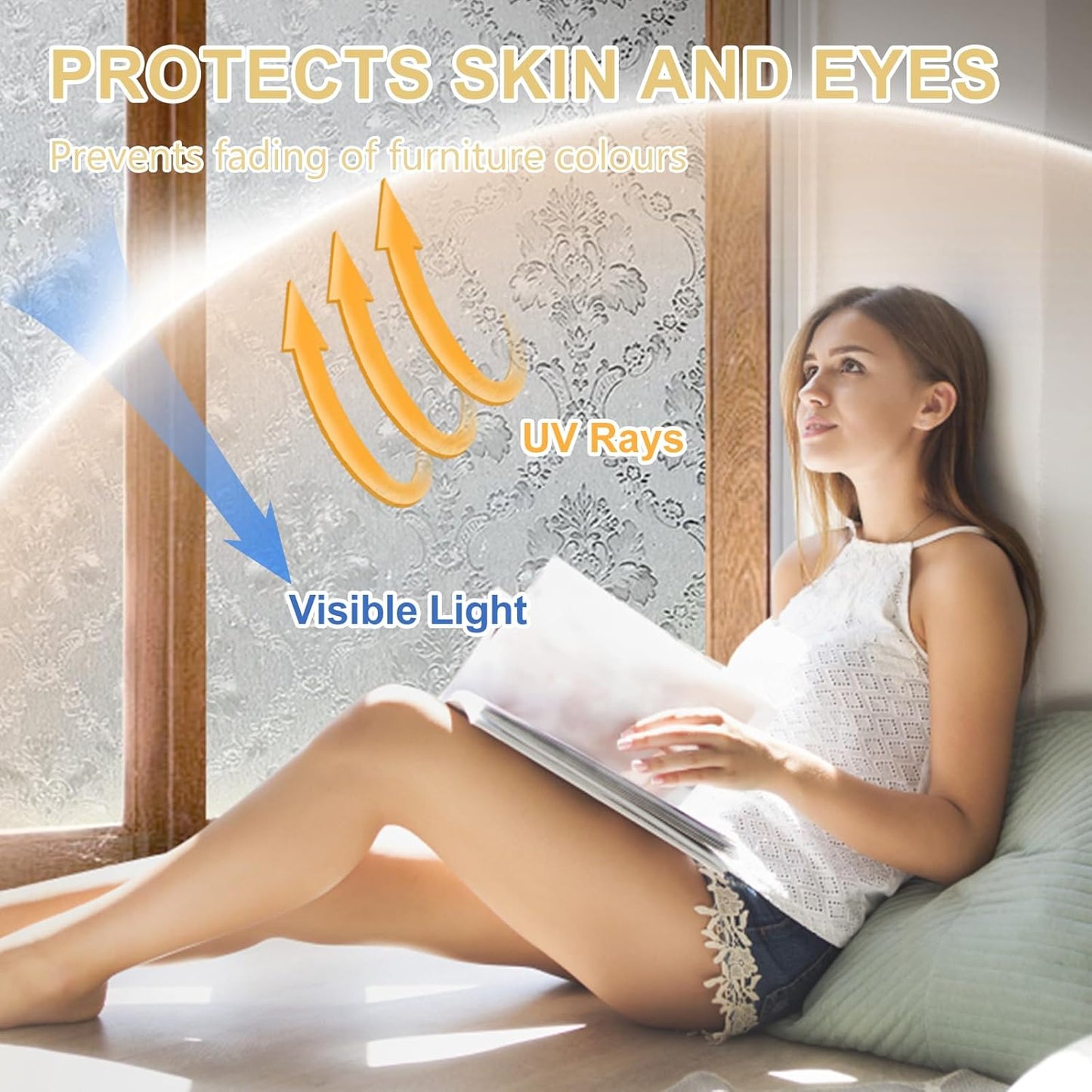 Window Privacy Film Decorative for Front Door, Bathroom Static Cling Stained Glass Sticker Opaque Heat Control UV Blocking Non-Adhesive for Home Windows, Damask