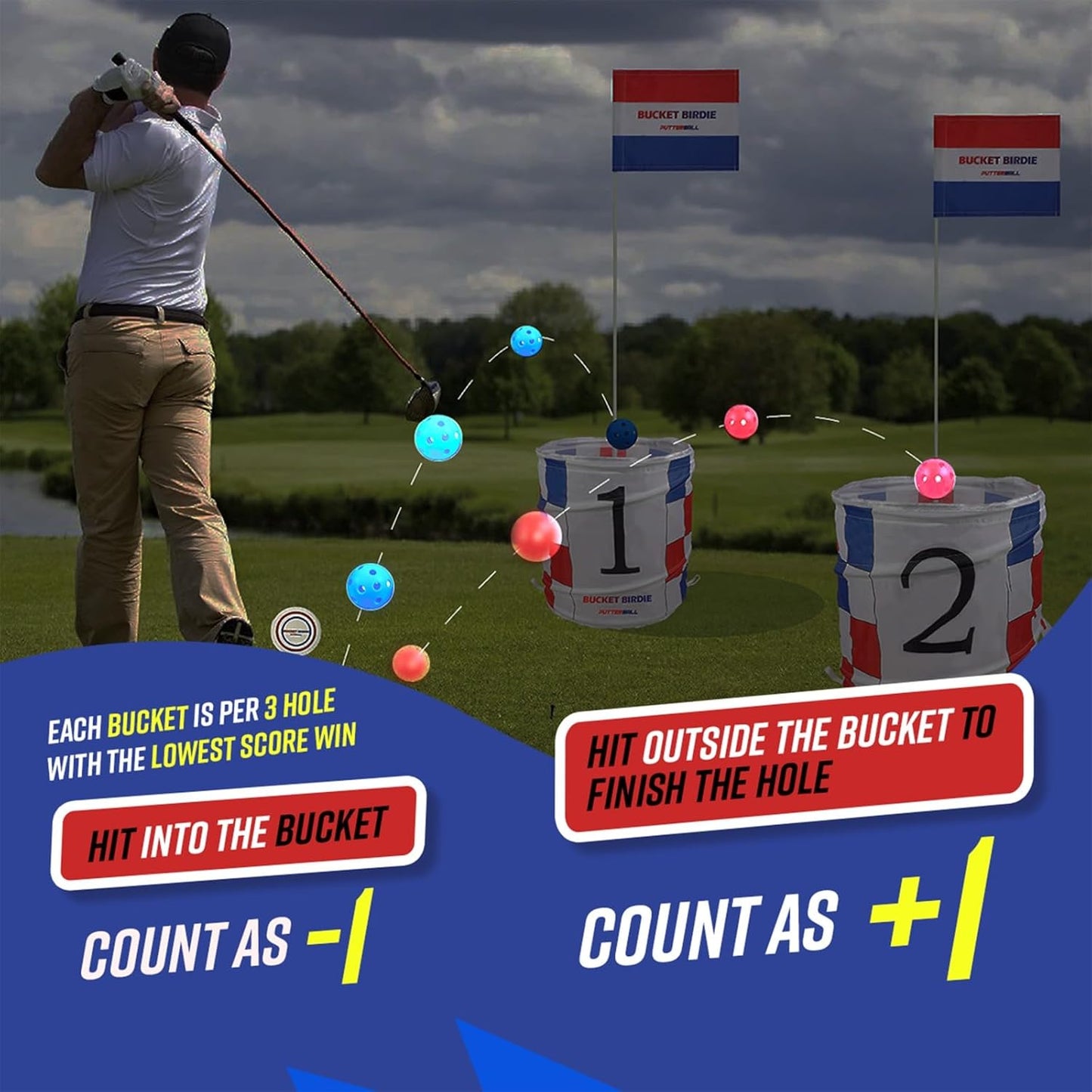 Bucket Birdie Backyard Golf Game — 9 Hole Bucket Golf Yard with Adjustable Clubs, Flags, Balls, Turf Mats, and Carry Bag — Outdoor Golf Game