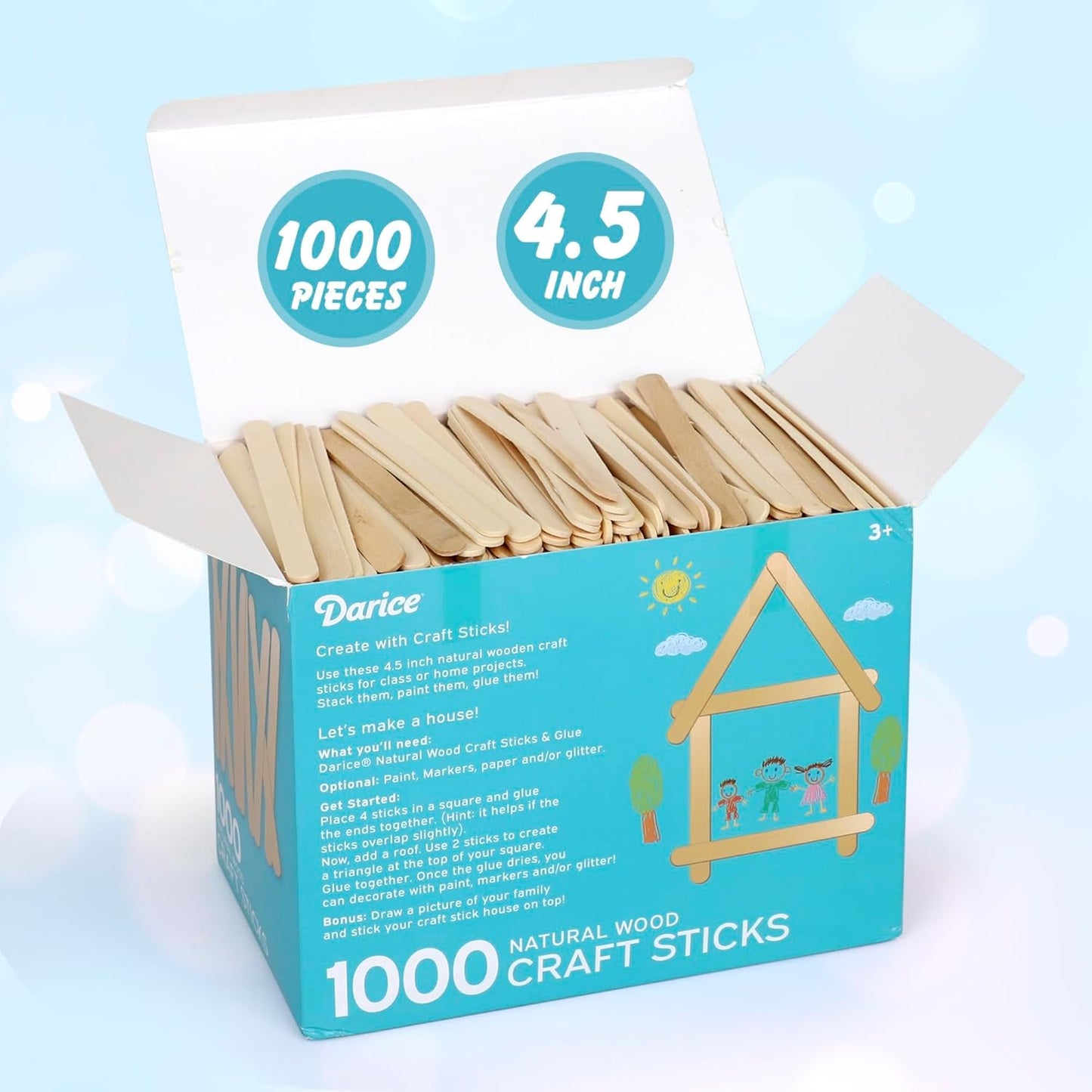 Darice 1000 Pcs Popsicle Stick, 4.5" Natural Wood Craft Sticks Supplies, Ice-Cream Stick Pop, Ages 3+