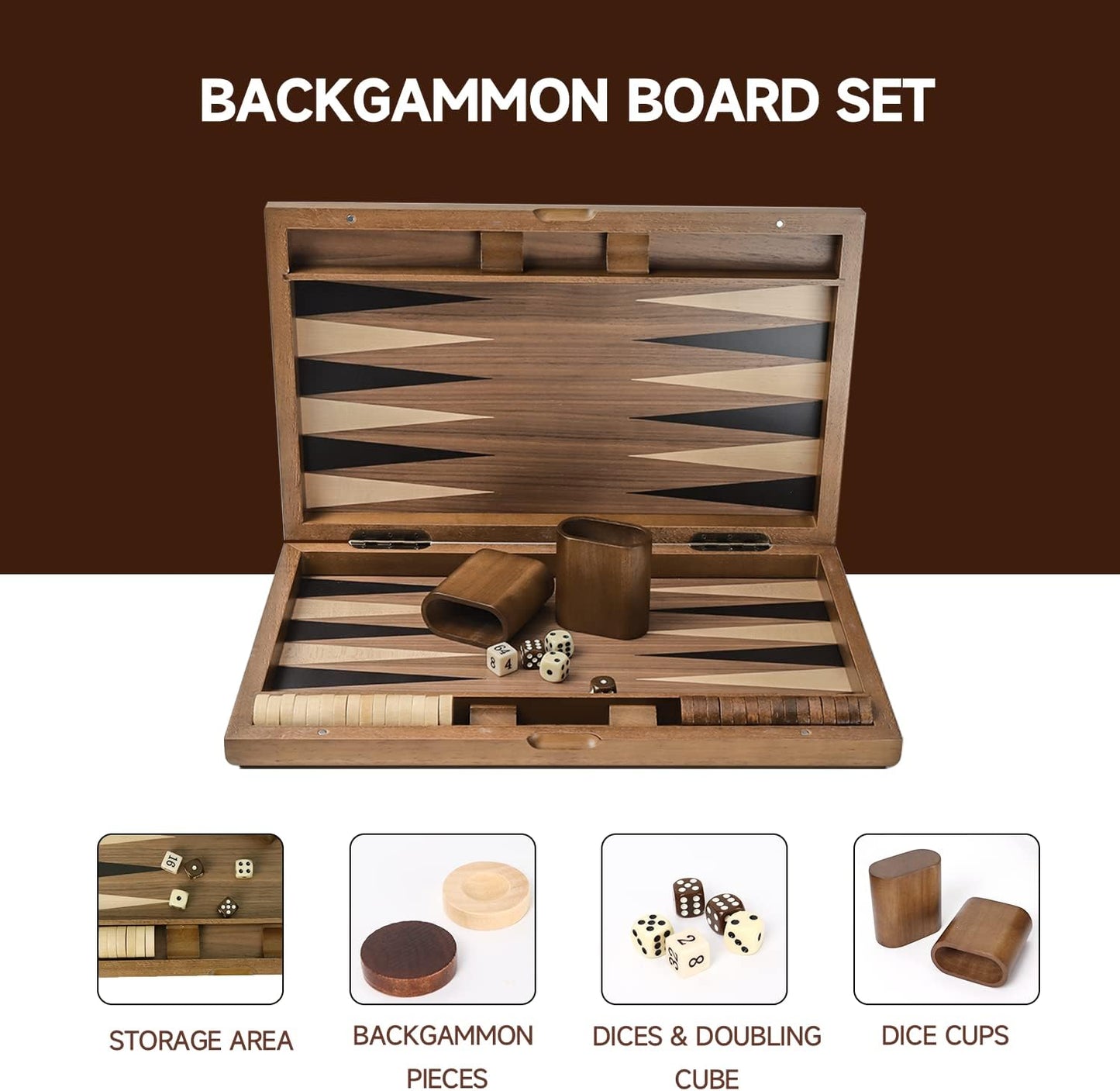 GSE Games & Sports Expert Premium Wooden Folding Inlay Backgammon Board Set, Classic Traditional Strategy Board Games (Double Stripe- 17 Inches)