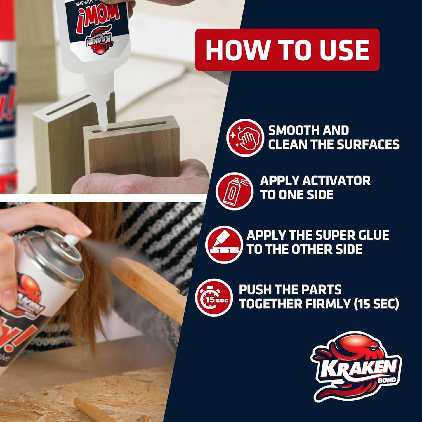 KRAKEN BOND Wow! Spray Adhesive Activator(2X16.9 Oz.) - Cyanoacrylate Super Glue Accelerator Spray for Plastic, Metal, Wood & PVC, CA Glue Activator | 2 Pack