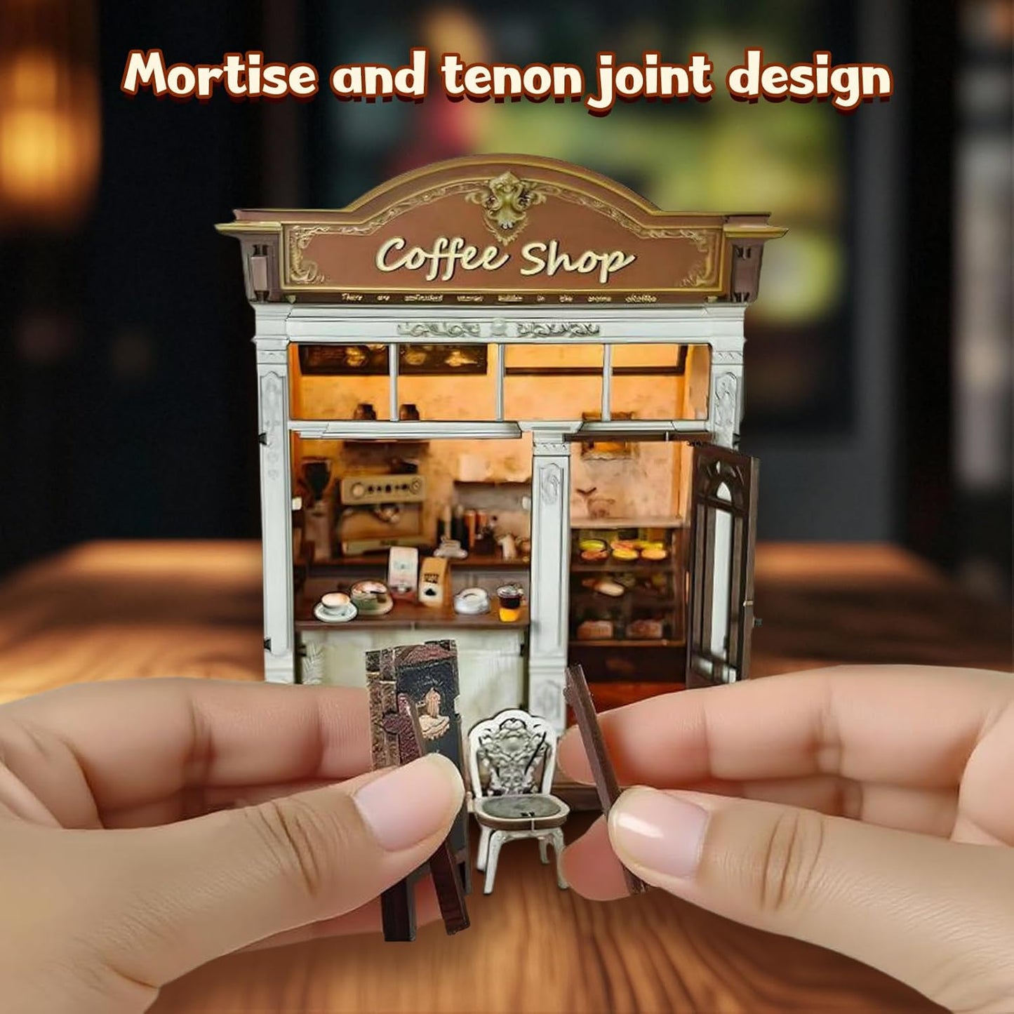 DIY Miniature House Kit, Coffee Shop Book Nook Kit, Mini Building Kit, Dollhouse Kit for Adults and Teens, 3D Wooden Puzzles with LED Light, Craft Kit for Family and Friends(Retro Coffee Shop)