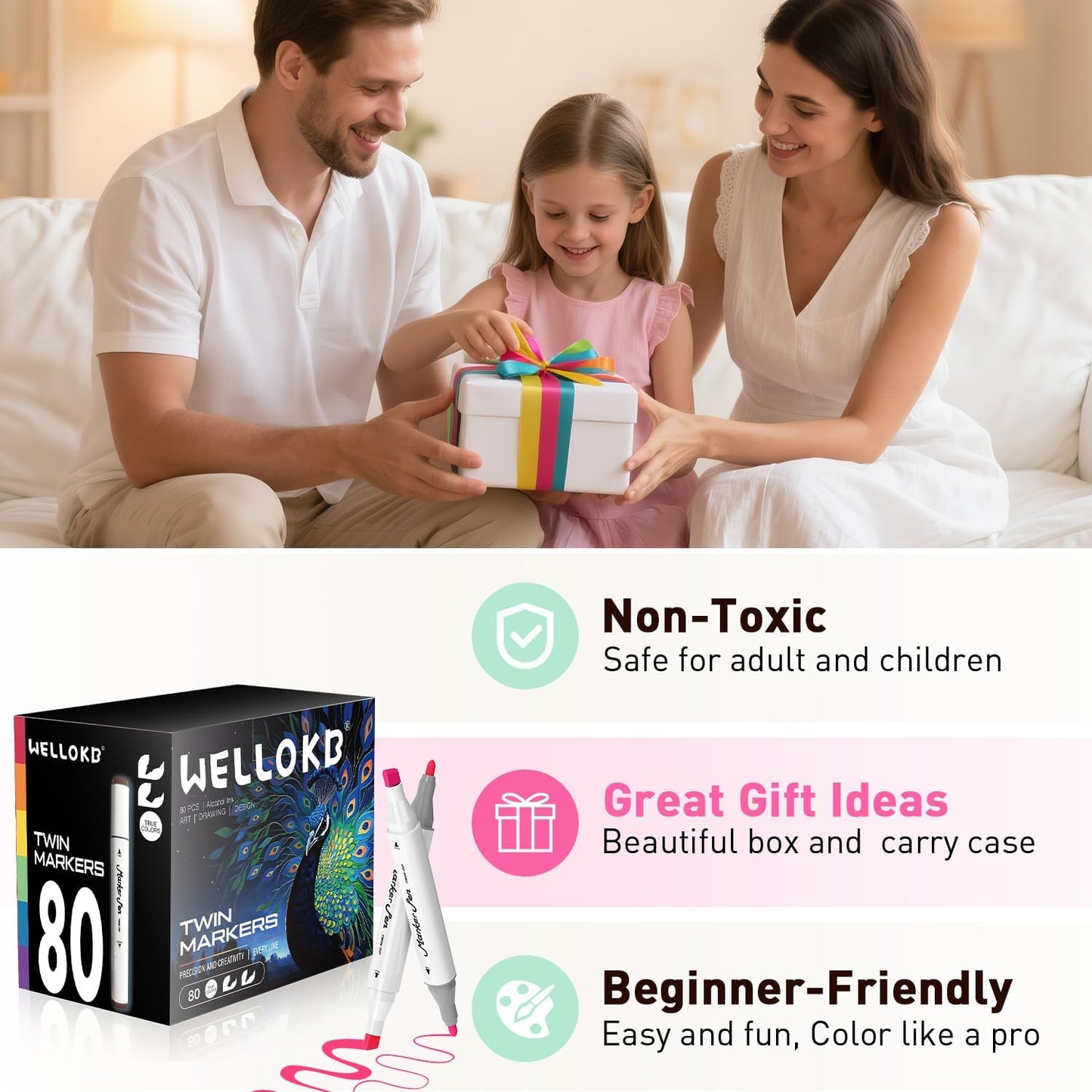 Alcohol Markers Set, 80 Colors Dual Tip Art Markers with Broad and Fine Tips for Adult Coloring Books, Drawing, Illustration, Sketching, No Bleed Ink Supplies