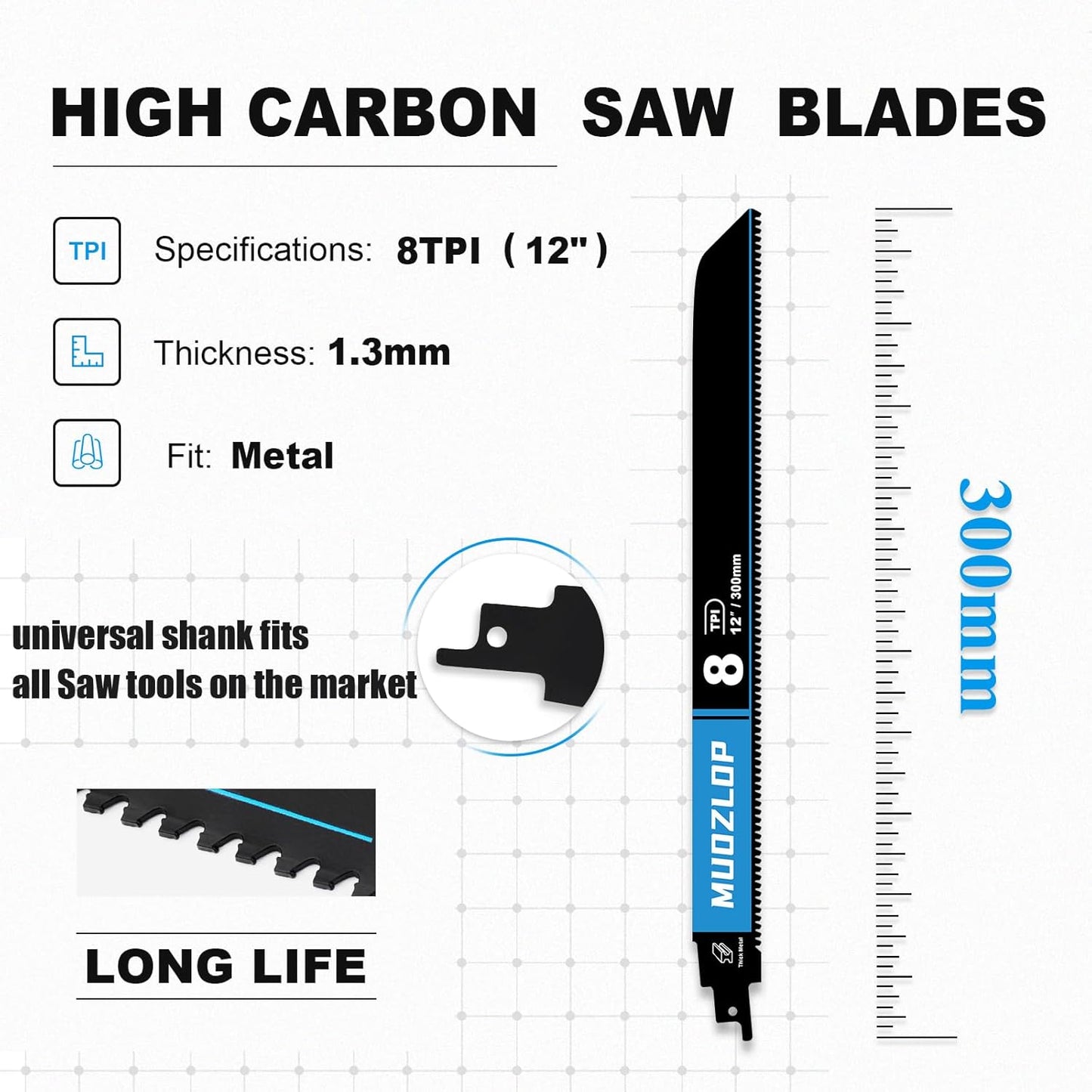 1 Pack 12 inch Reciprocating Saw Blades Set，8 TPI High Carbon Saw Blades for Metal ，Saw Blades with Organizer Case (1, 8T/12inch)