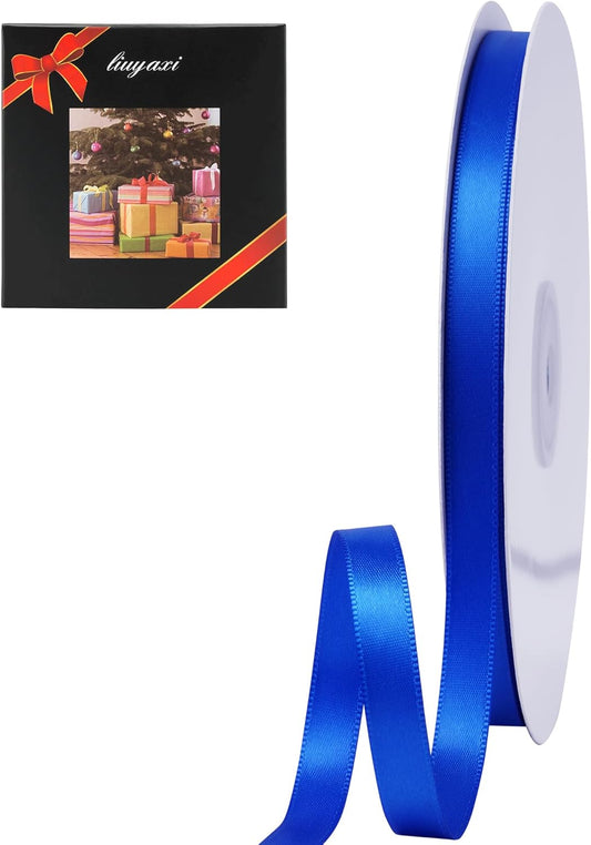 LIUYAXI Blue Double Faced Satin Ribbon, 3/8" X Continuous 100 Yards, Ribbons Perfect for Gift Wrapping Bows Bouquet Wedding Decor DIY Craft and More