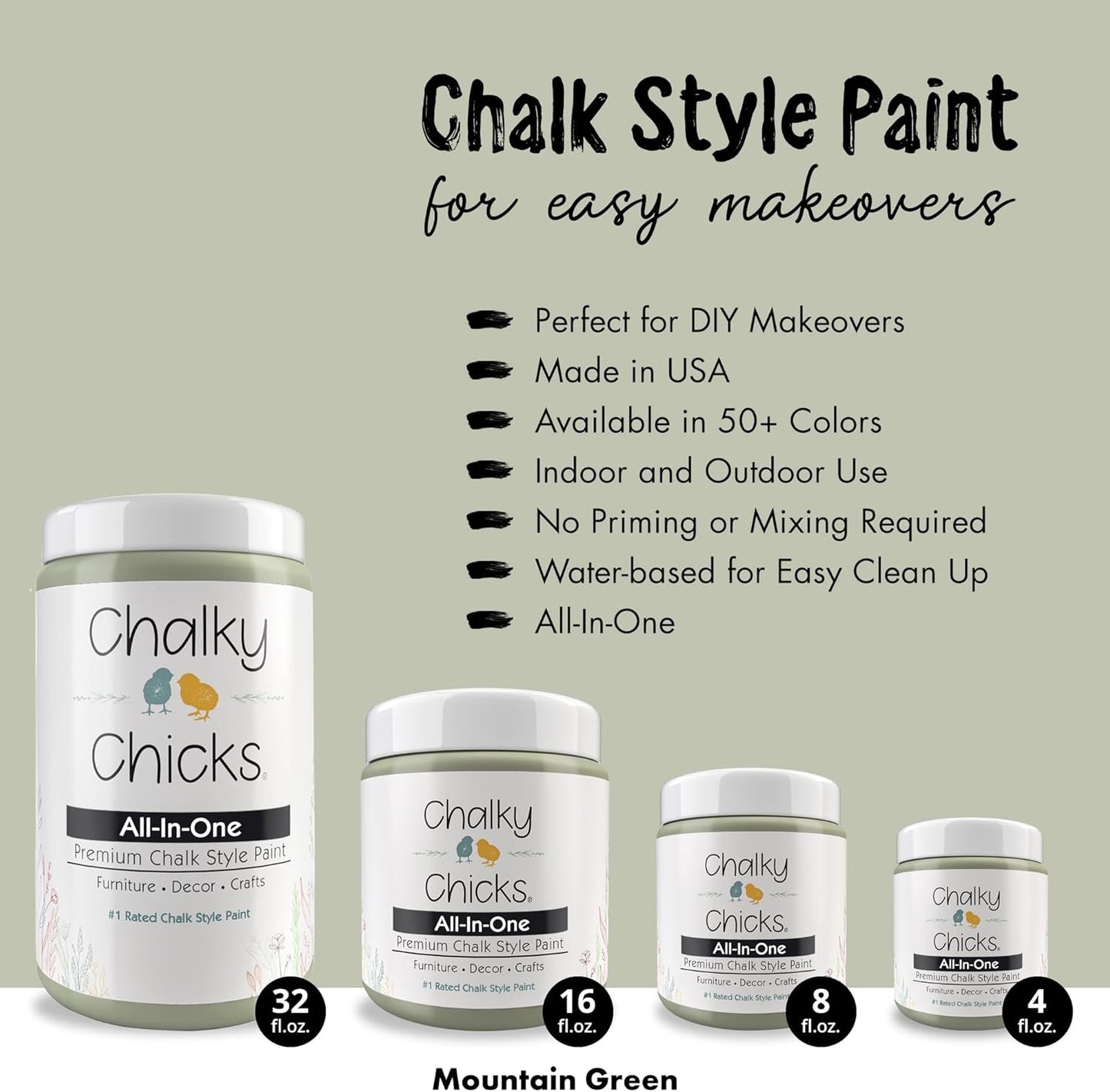 Chalky Chicks All-in-One Chalk Paint for Furniture or Cabinet -4Fl Oz-Matte Finish Mountain Green (Sage Green) for Metal, Wood Furniture Paint - No Sanding All-in-One for Home Decor & Crafts, USA Made