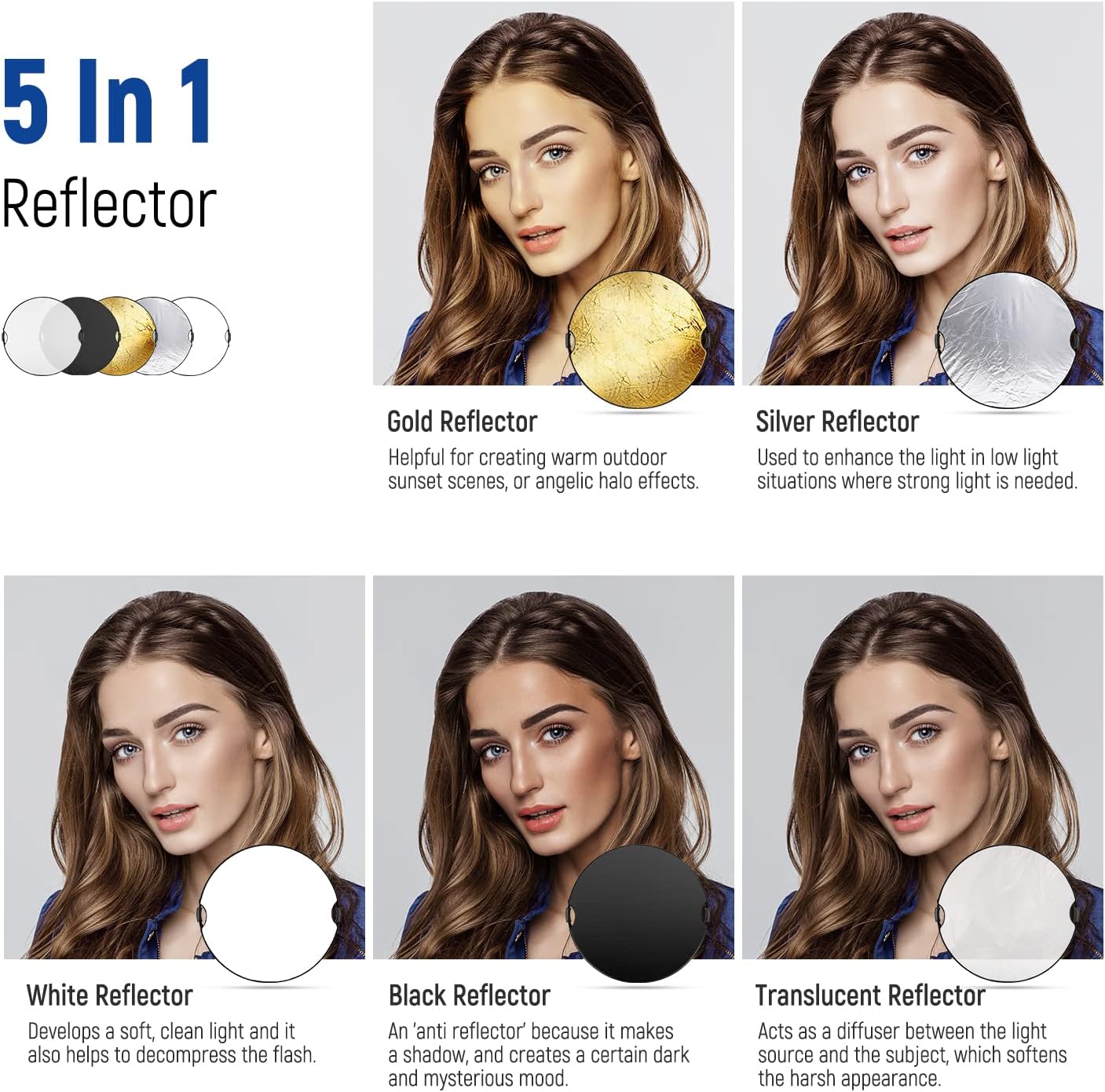 NEEWER 43"/110cm Light Reflector with Handle Grip with 3/8" Thread, 5 in 1 Collapsible Disc Light Diffuser Translucent/Silver/Gold/White/Black for Photography Lighting, Outdoor Lighting, RF-110II