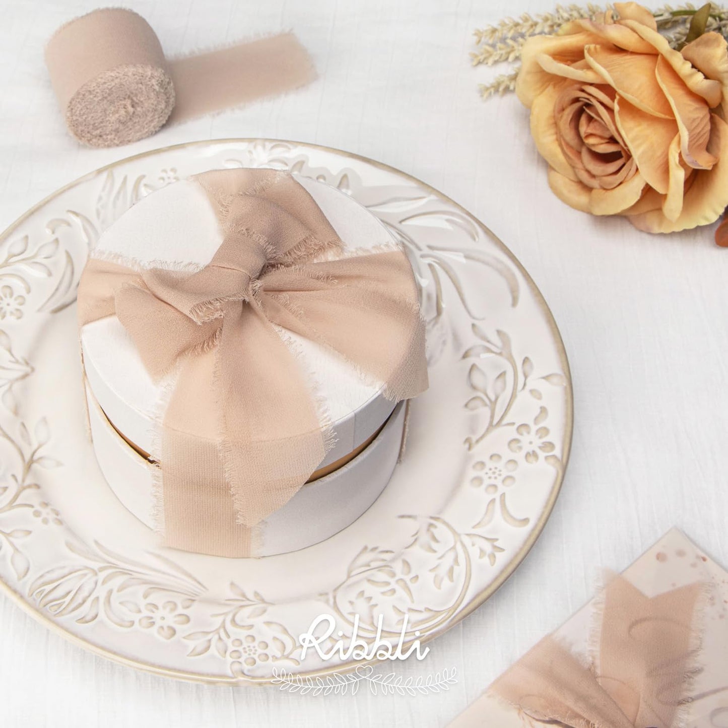 Ribbli Beige Chiffon Ribbon 1-1/2 inch x 20 Yard Handmade Fringe Silk Ribbon for Wedding Invitations, Bridal Bouquets Wrapping, Flower Arrangement Decoration