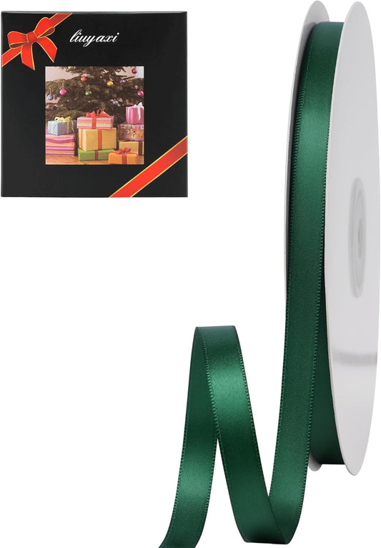 LIUYAXI Forest Green Double Faced Satin Ribbon, 3/8" X Continuous 100 Yards, Ribbons Perfect for Gift Wrapping Bows Bouquet Wedding Decor DIY Craft and More