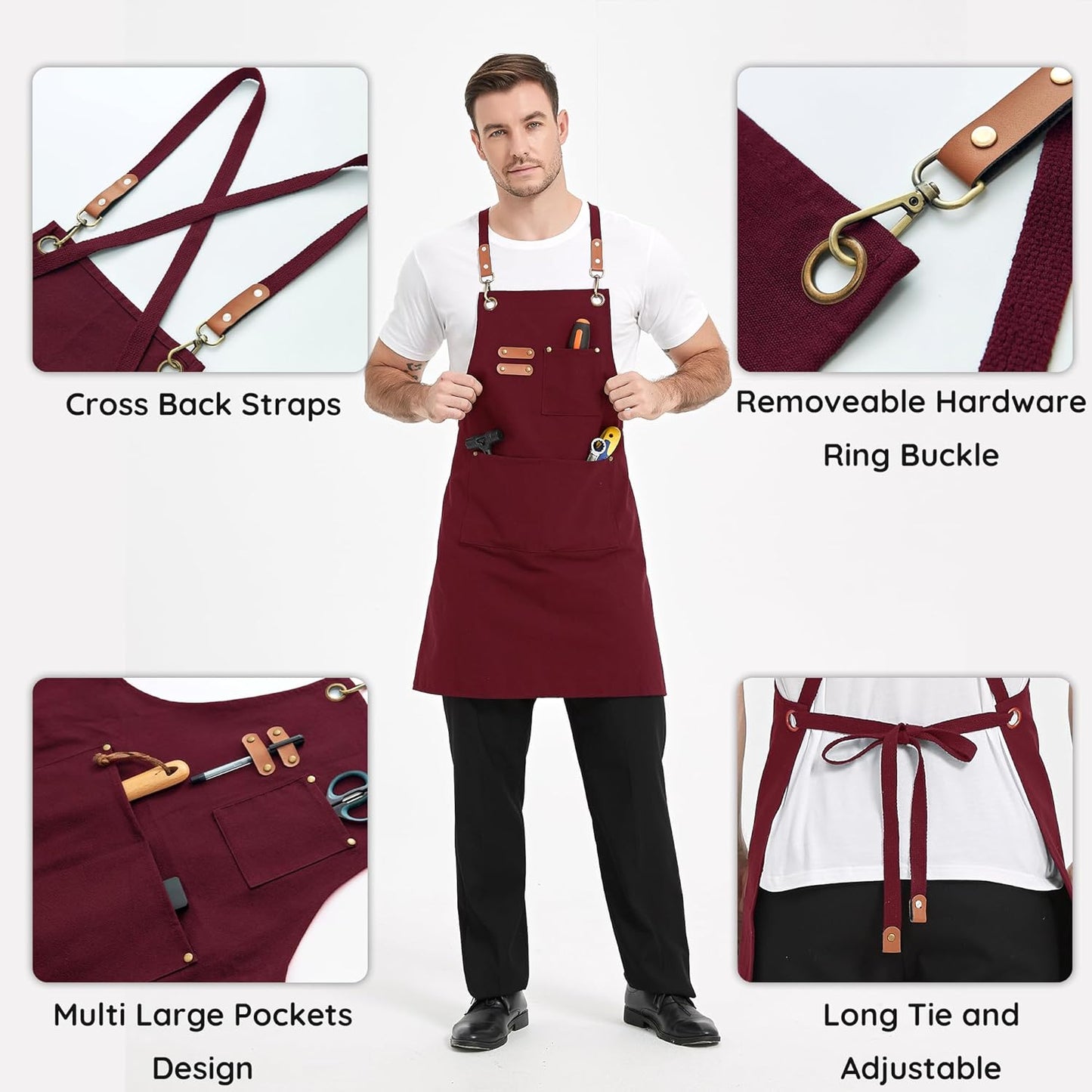 Canvas Aprons, Kitchen Chef Aprons, Work Aprons for Men Women, Adjustable Strap Aprons with 3 Pockets