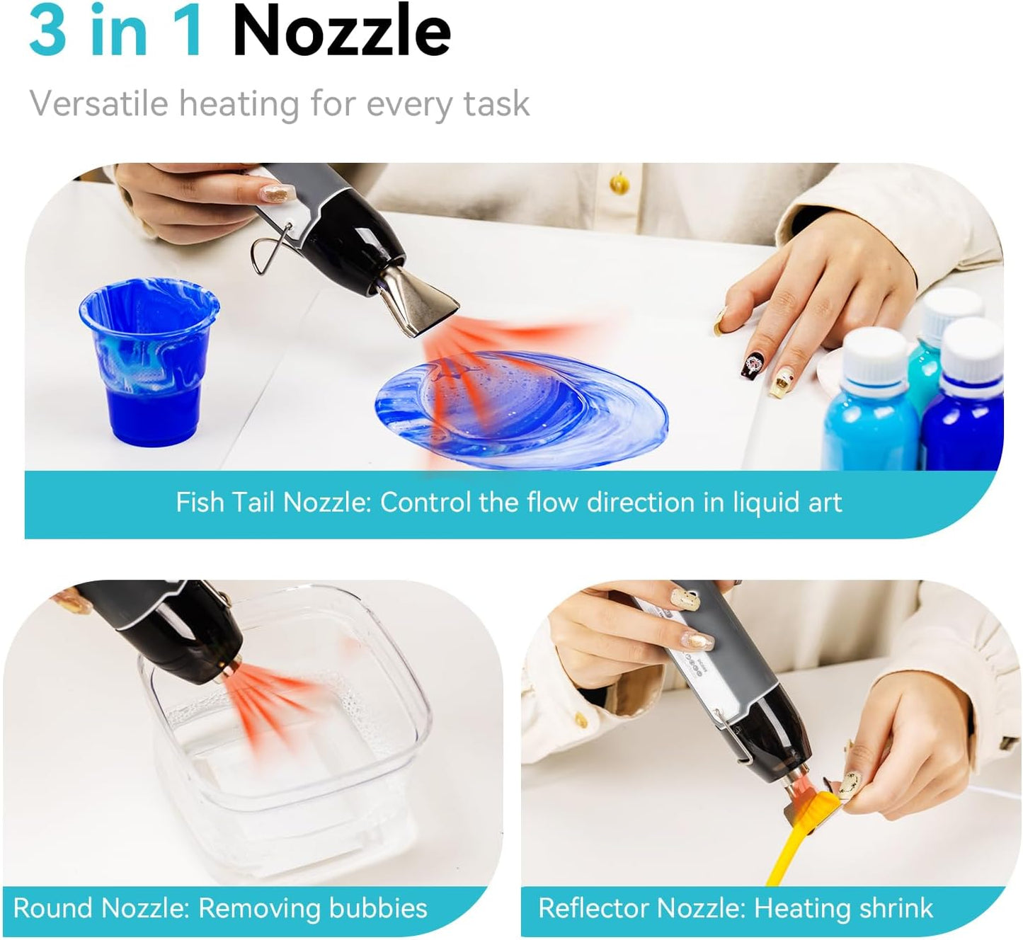 DELI Mini Heat Gun, 350W Dual Temp 500℉/842℉ (260℃/450℃) with Reflector & Extra Nozzles, 6 FT Cable, Overload Protection – for Crafting, Vinyl Wrap, Epoxy, Resin, Shrink Tubing