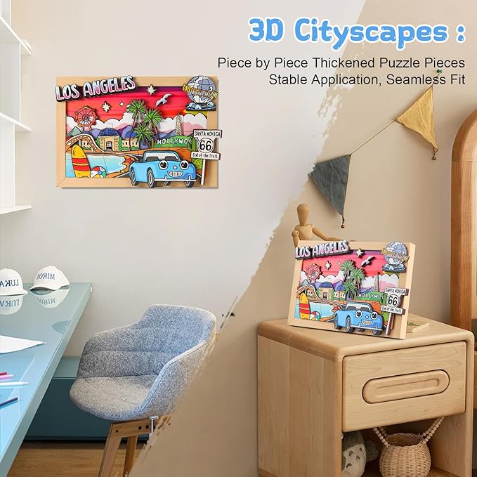 Art Crafts Gift for Kids 4-8ages 3D Wooden City Landmark Series Frame Kit for Kids - DIY Los Angeles Cartoon Style Puzzle Toys Perfect Wall Art and Tabletop Decoration