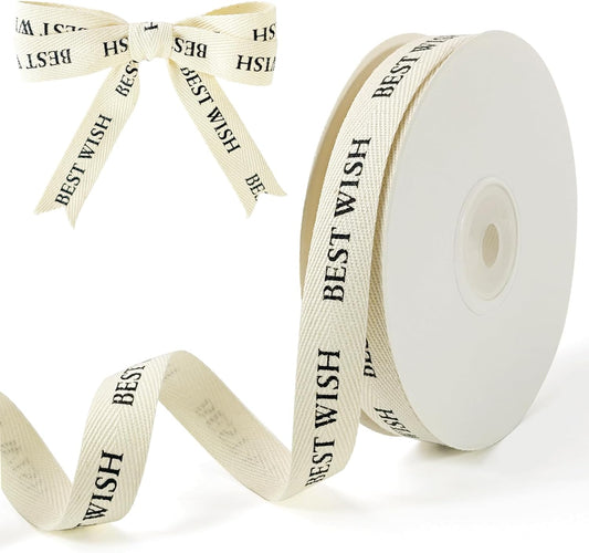 Cotton Herringbone Ribbon - Natural Twill Tape for Custom Gift Wrapping & DIY Crafts-5/8 Inch x 15 Yards - Best Wish Printed Phrase