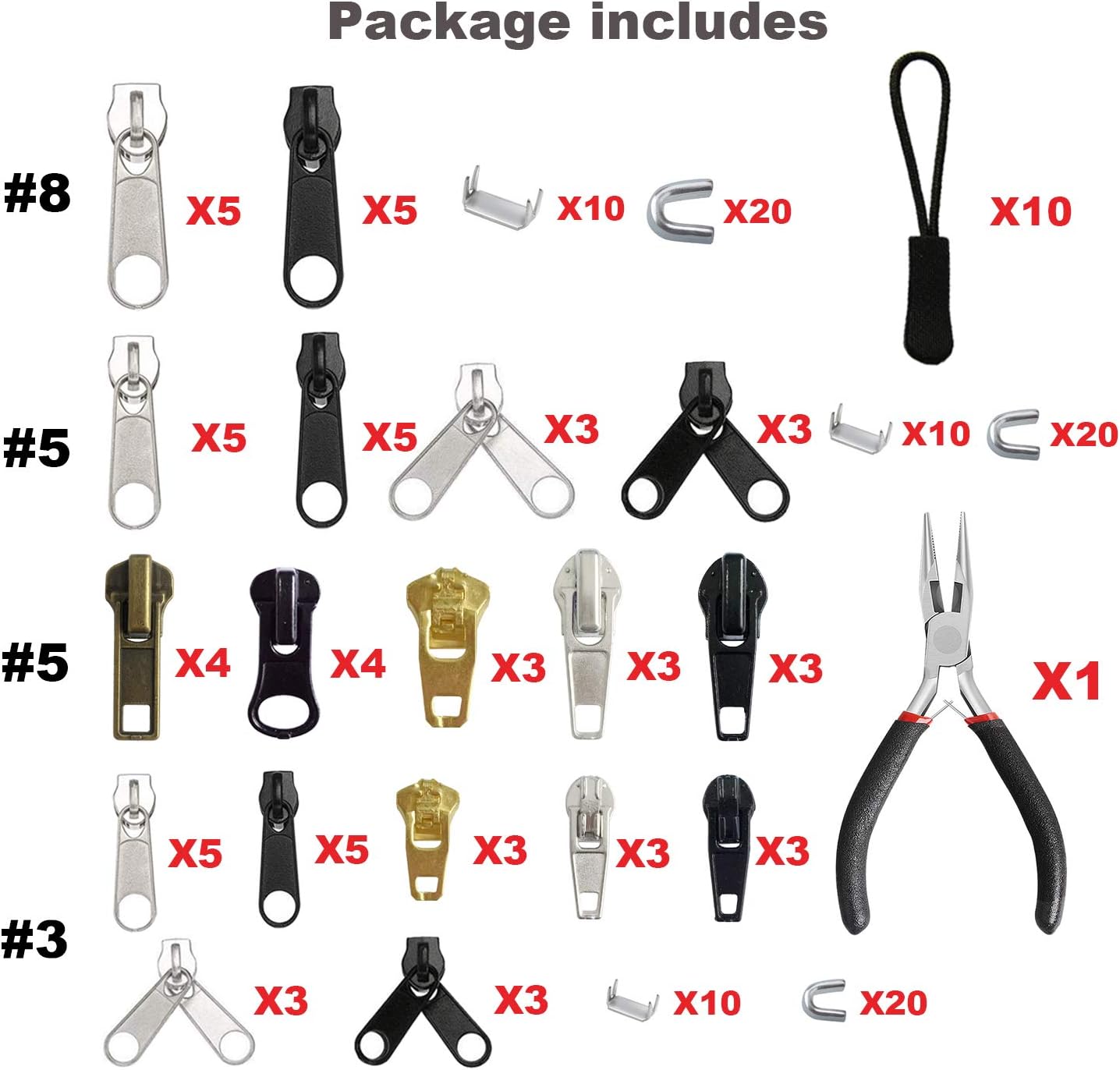 EuTengHao 169Pcs Zipper Repair Kit Zipper Replacement Zipper Pull Rescue Kit with Zipper Install Pliers Tool and Zipper Extension Pulls for Clothing Jackets Purses Luggage Backpacks (Silver and Black)